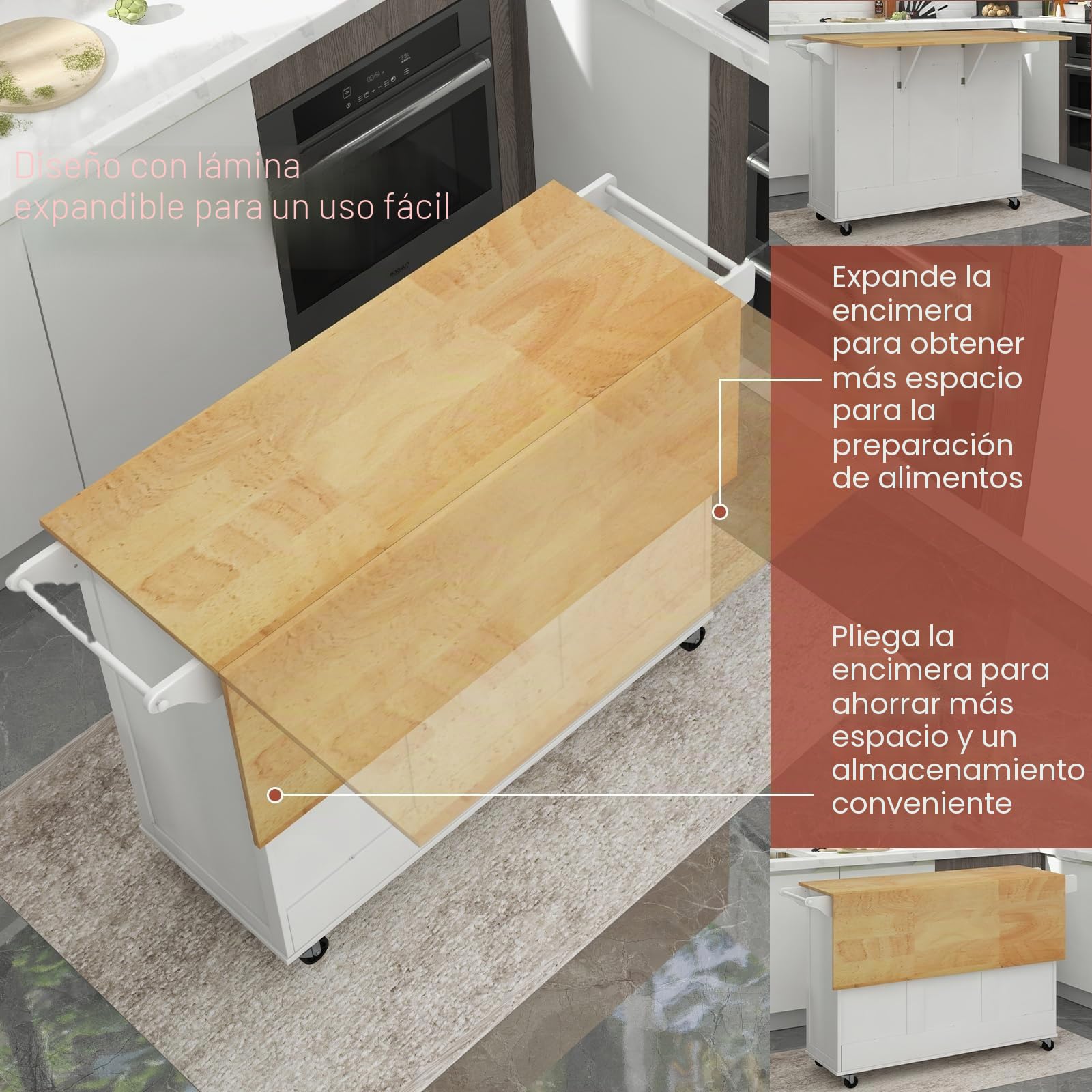 KOMFOTTEU Carro de Cocina con Ruedas, Isla de Cocina con Encimera de Madera Abatible, Carrito Auxiliar con Cajón, Portabotellas, 2 Armario de Puerta y Toallero, 130 x 45 x 90 cm (Blanco)