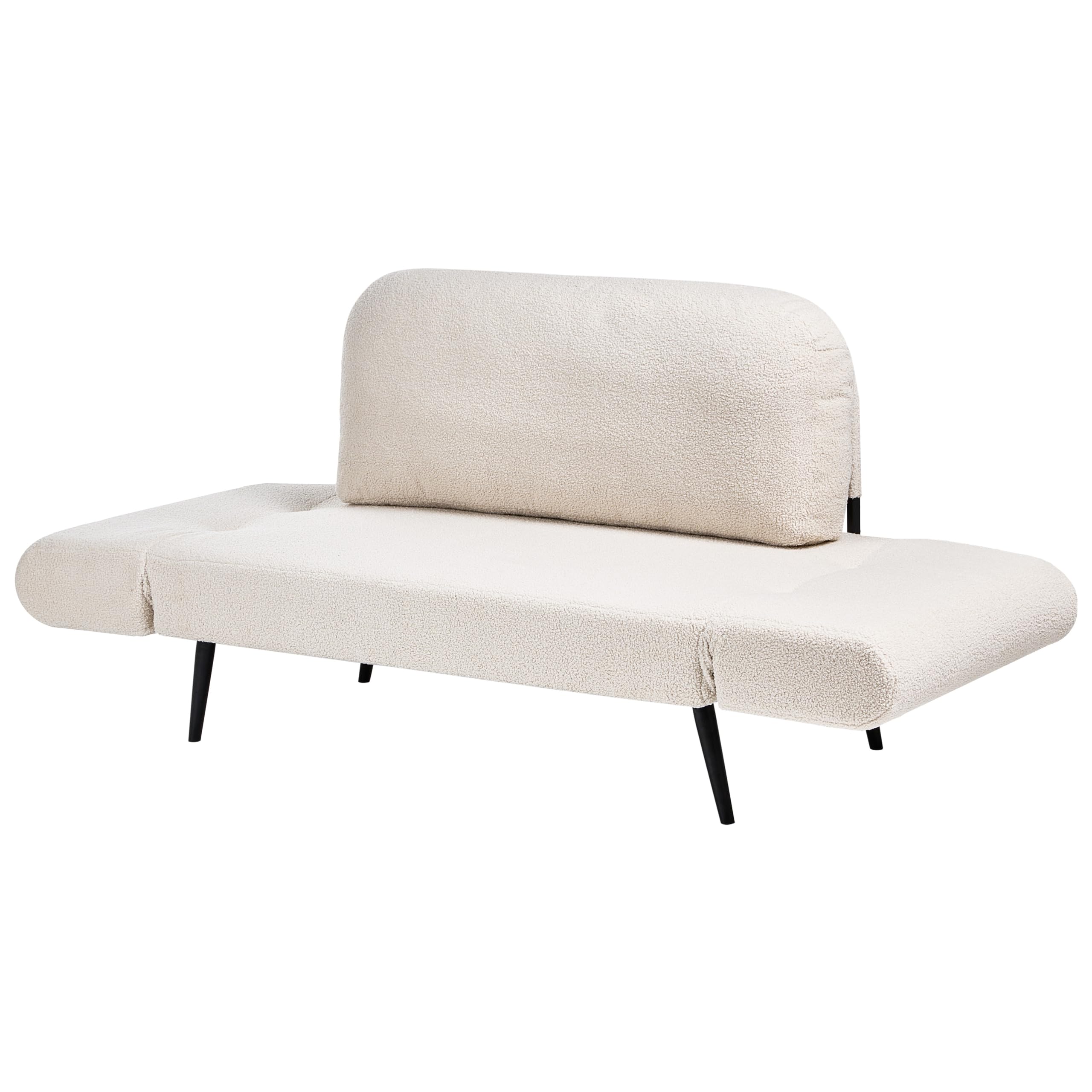 Sofa rozkładana z funkcją spania okrągła poducha tapicerowana boucle żelazne nogi salon sypialnia złamana biel Dorotea
