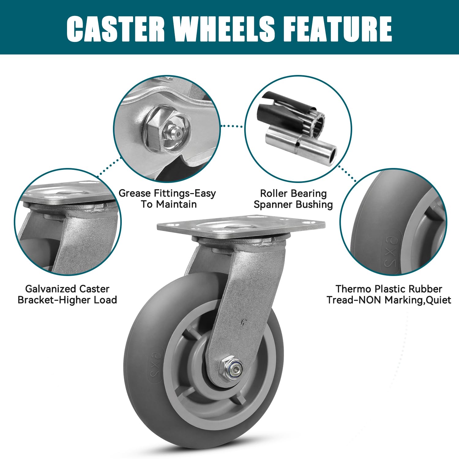 6"X2" Heavy Duty Casters,Crowned Thermoplastic Rubber Caster Wheels,2000lbs Capacity Set of 4,Industrial casters for Drywall/Sheetrock Carts & Dollies, 2 Swivel & 2 Rigid