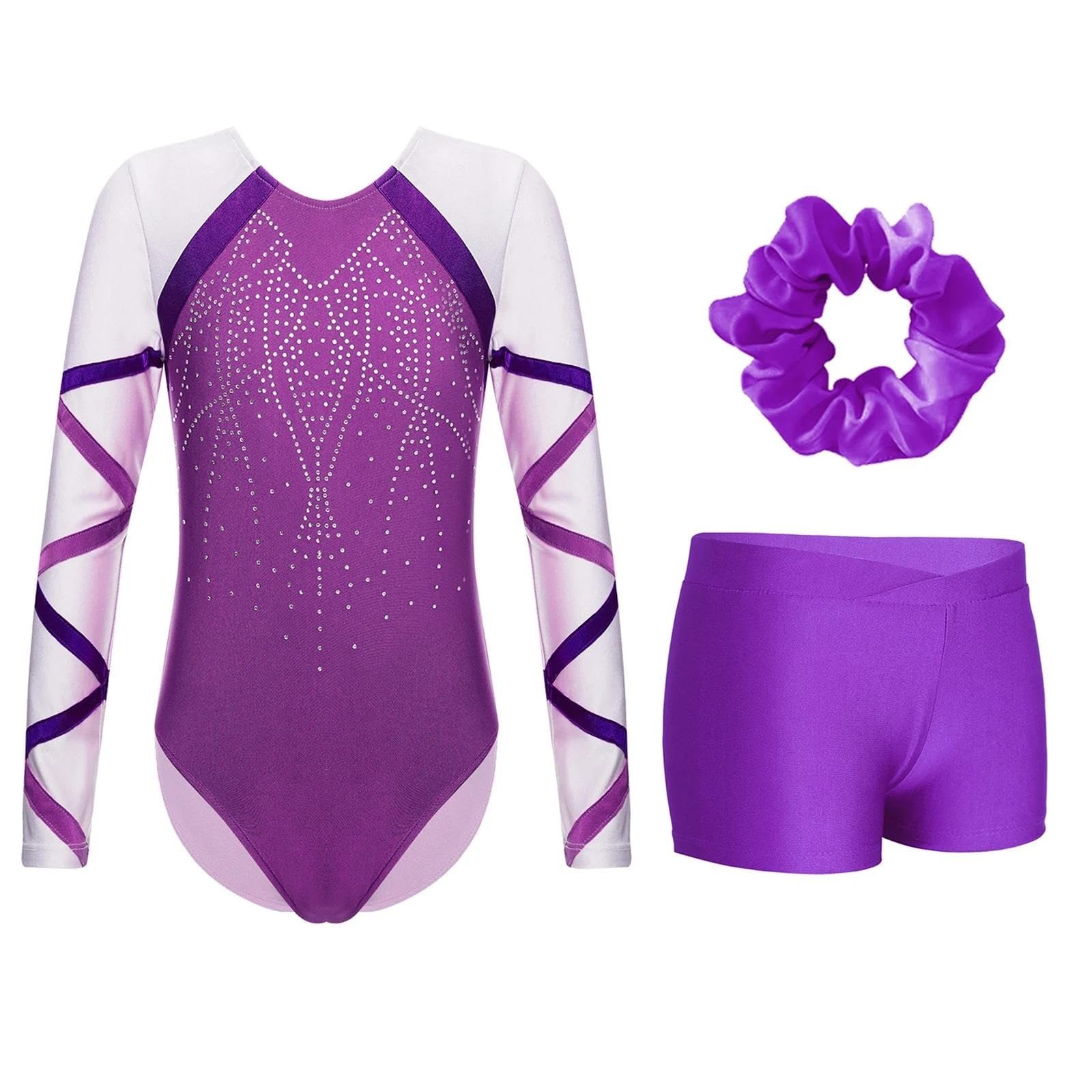 Maillot Gimnasia Ritmica Trajes de Gimnasia for niñas, Leotardos con Diamantes de imitación Brillantes, Body de Manga Larga con Pantalones Cortos, Ropa de Baile de Ballet(Black,6)