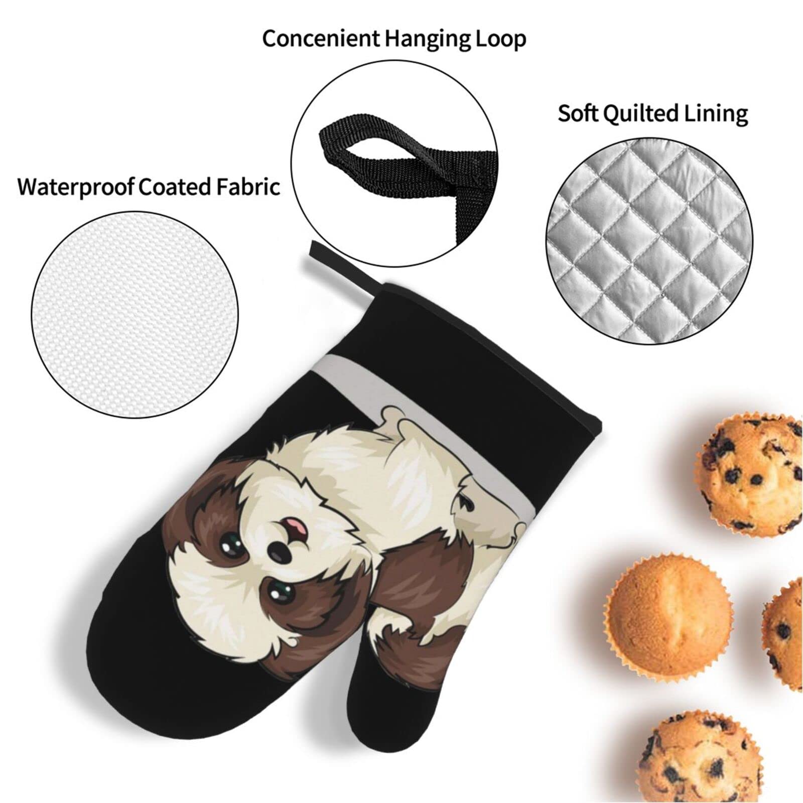 Lot De 3 Gants Et Maniques De Cuisine - Motif Shih Tzu - Antidérapants, Résistants à 250°C - Pour Four Et BBQ