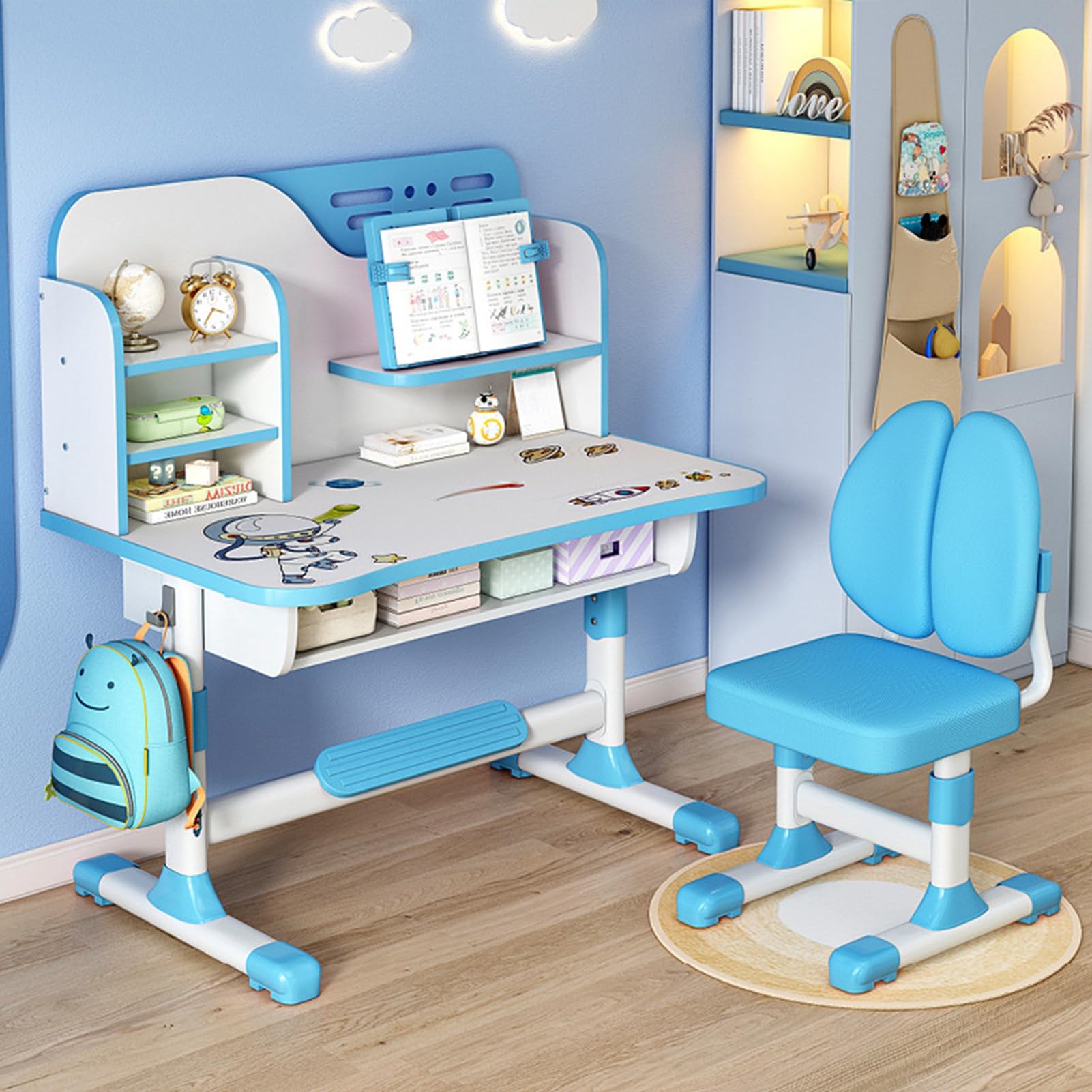 ohfruit Kindertisch und Stühle, einfache Montage, höhenverstellbarer Kinder-Schulschreibtisch mit großer Schreibtafel, Bücherregal, ergonomischer Kinder-Studientisch und Stuhl-Set für Mädchen, ideal