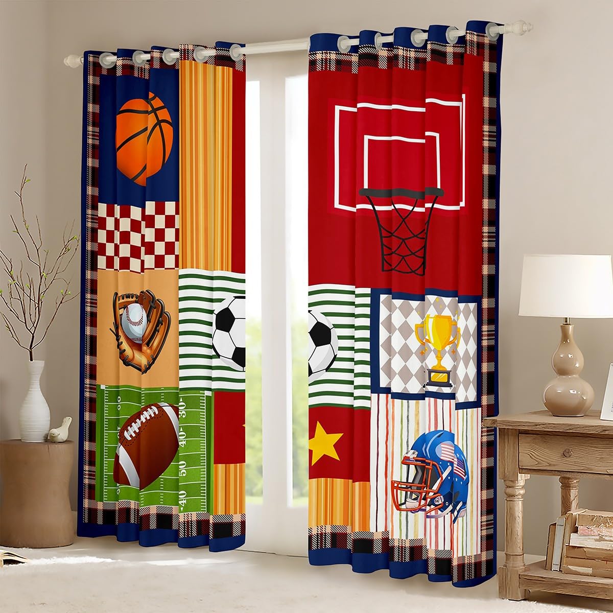 Boys Football Window Curtain Cartoon Ball Sports Themed Curtains for Kids Teens Child Room Decor Colorful Geometric Grid Stripes Window Treatment Curtain Cute Baseball Rugby Window Drapes