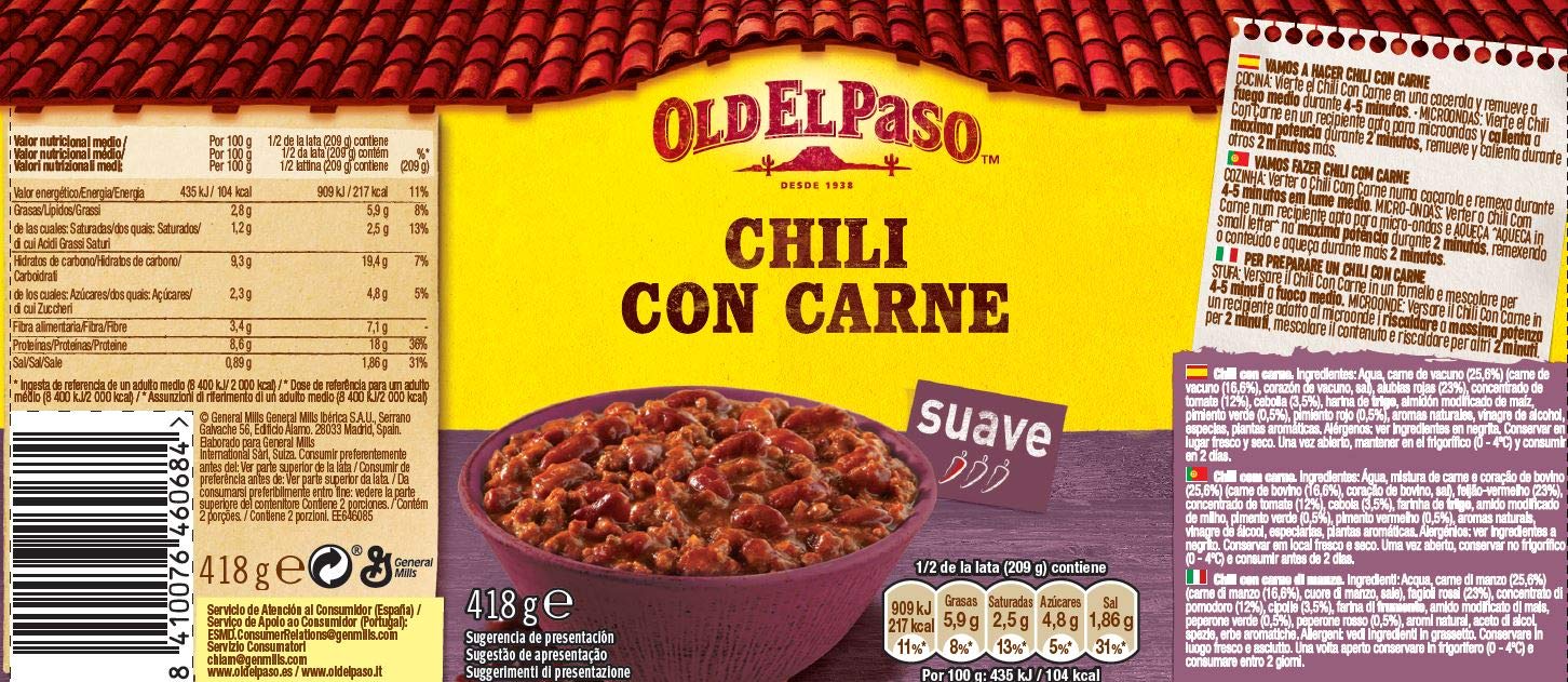 Old El Paso Chili Con Carne con Alubias Pintas y Ternera Picante Suave, 418g