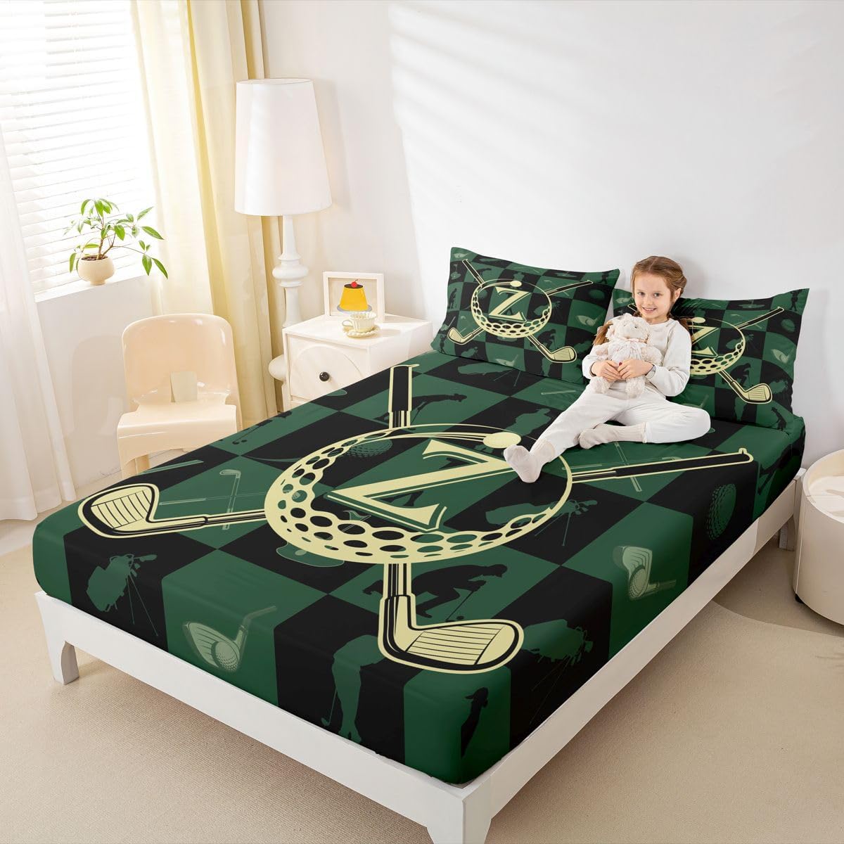 Erosebridal Golf Alphabet Letter Bed Sheets Full Ball Sports Lover Style Fitted Sheet Modern Personalized Initial Z Bedding Set,Monogrammed Golf Plaid Bed Cover 3 Pcs
