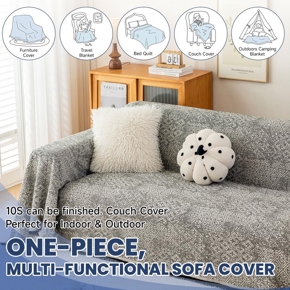 ROOMLIFE Couch Cover Black Boho Sofa Covers for 3 Cushion Couch Washable, Furniture Protector Sofa Couch Cover for Dogs, Soft Breathable Sofa Slipcover, Couch Throw Blankets with Tassels 71''X150''