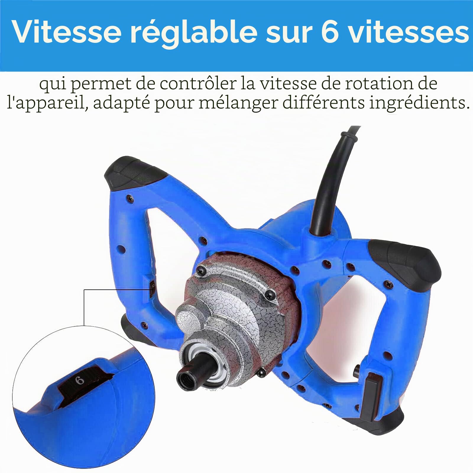 Mélangeur à béton portable, outil mélangeur électrique 2600 W, avec 6 vitesses, pour mélanger les boues de ciment, le mortier, le revêtement de peinture et le perçage