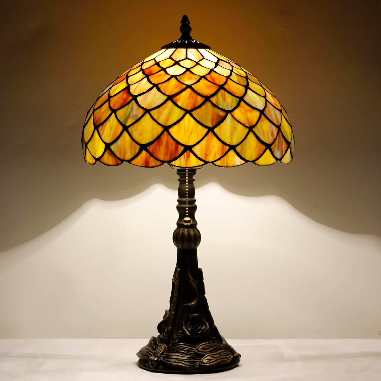 Tiffany Lamp Stained Glass Table Lamp 12X12X19 inch Brown Fish Scales Style Bedside Desk Reading Light with Pull Chain