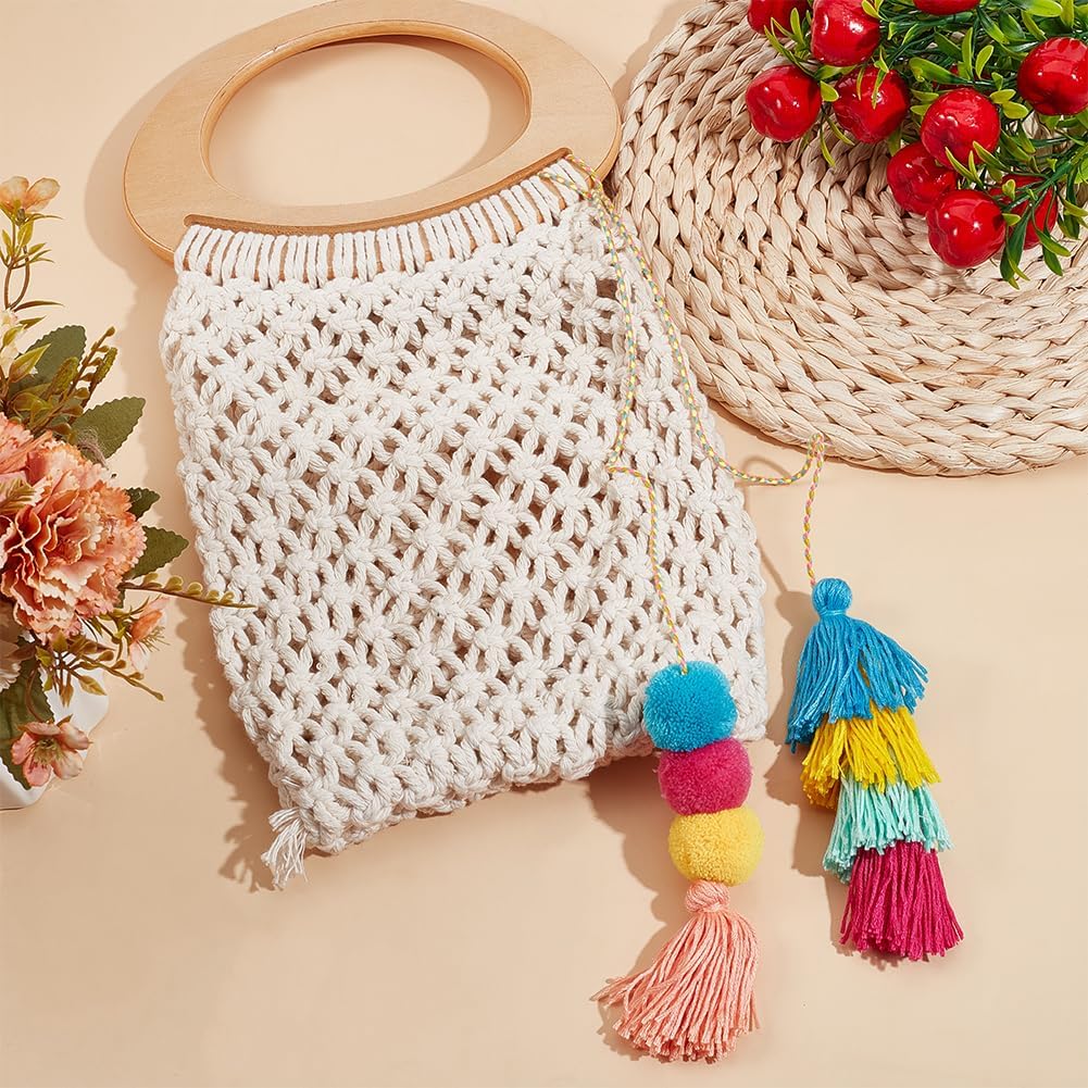Beebeecraft 2Pcs Colorful Pom Pom Tassel Boho Bag Charm Polyester Tassel Pendant Decoration for Handbags Decorations (240mm)