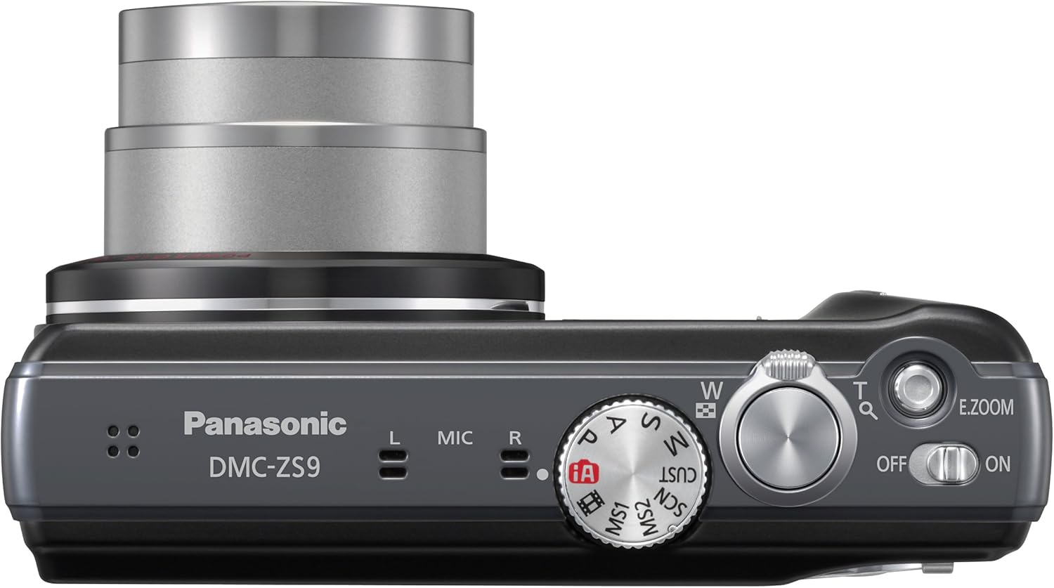 Kop view of the Panasonic DMC-ZS9 camera, showing the power switch, shutter button, and mode dial.