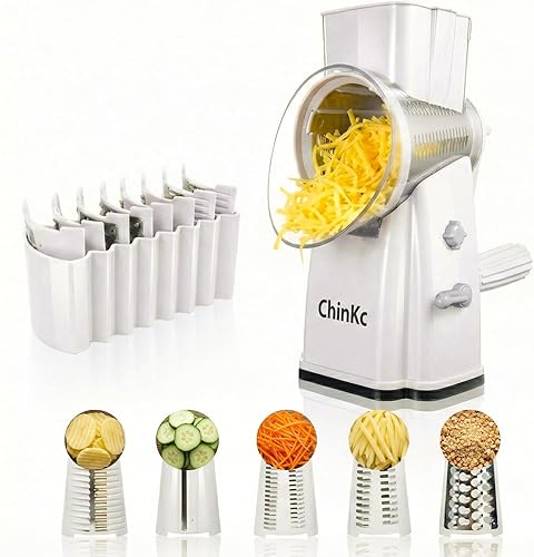 Rallador rotativo de queso mejorado con asa, base de succión fuerte, rebanador giratorio multiusos con 5 cuchillas intercambiables para hielo,