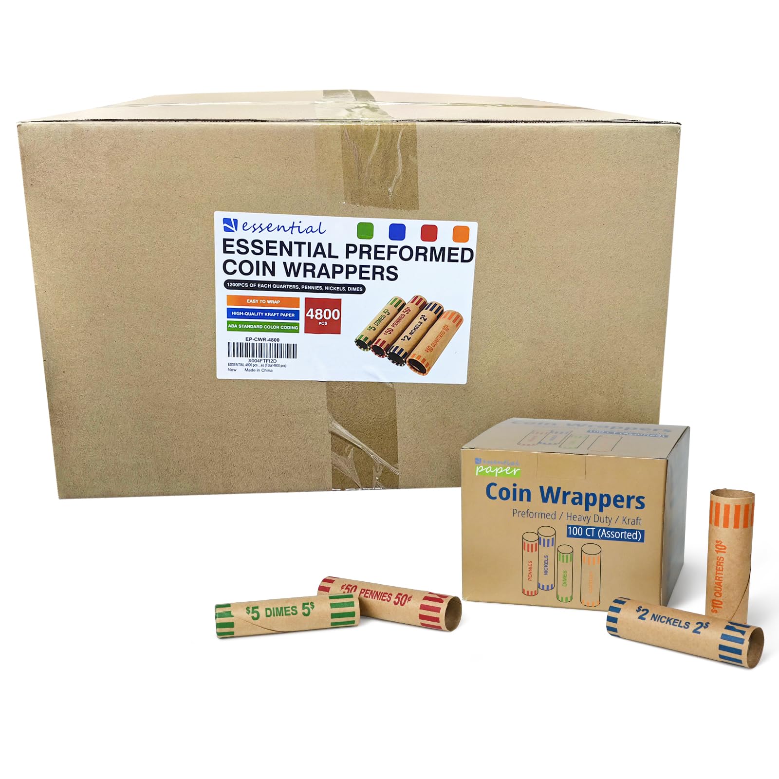 ESSENTIAL 4800 Stück sortierte robuste vorgeformte Münzverpackungen, Rollen – Viertel, Pennies, Nickel und Dimes (insgesamt 4800 Stück)