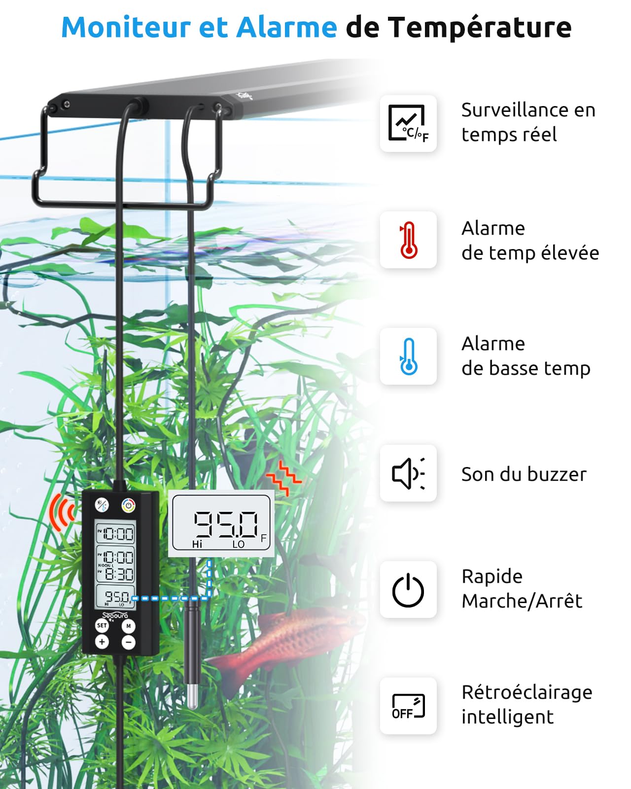 SEAOURA Lampe d'Aquarium avec Alarme Température, 90-106cm LED Spectre Complet Lumière, Programmable 24/7 Mémoire Extinction, WRGB Personnalisable, 20 Niv. Luminosité Réglable Aquarium d'Eau Douce