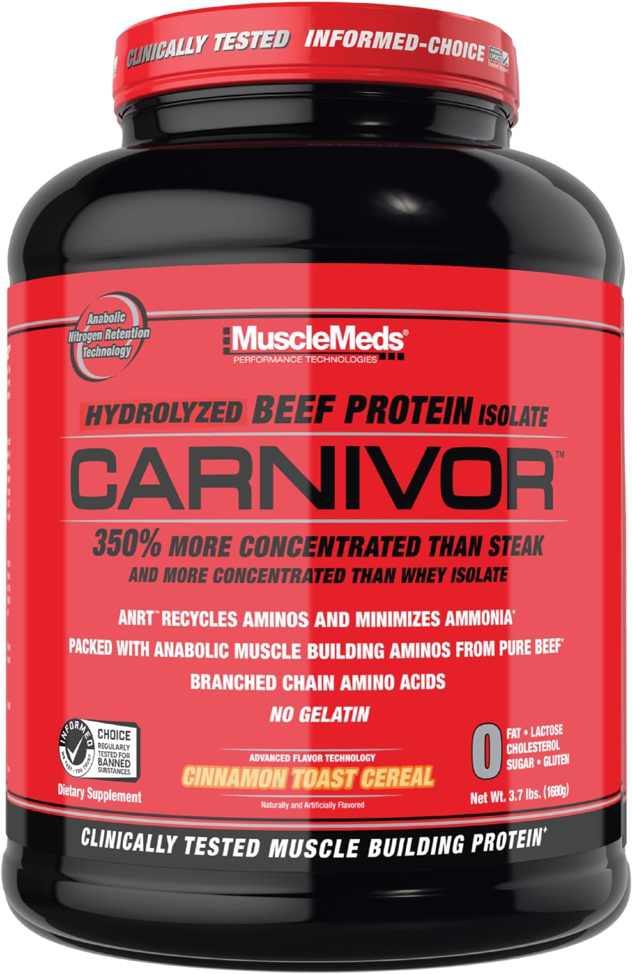 MuscleMeds Carnivor Beef Protein Isolate, 0 Lactose, 0 Sugar, 0 Fat, 0 Cholesterol, Cinnamon Toast Cereal, 4 Lb, 56 Servings