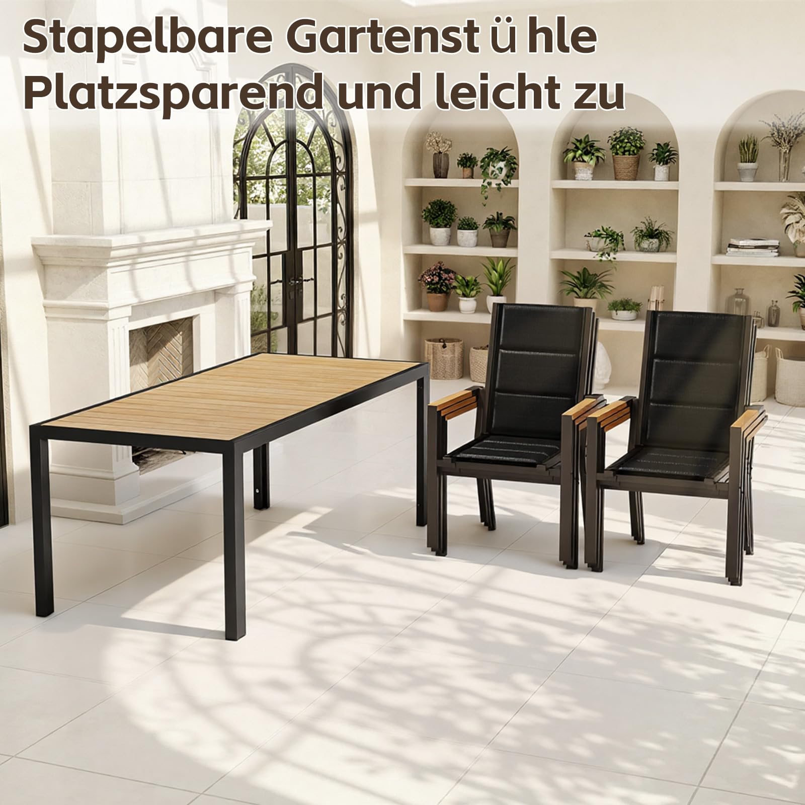 TRIUMPHKEY Gartenmöbel Set 6 Personen, Balkonmöbel mit Aluminium, 6 Stapelstühle mit Holzmaserung und 1 189cm PS Gartentisch, Terassenmöbel Außen, Braun