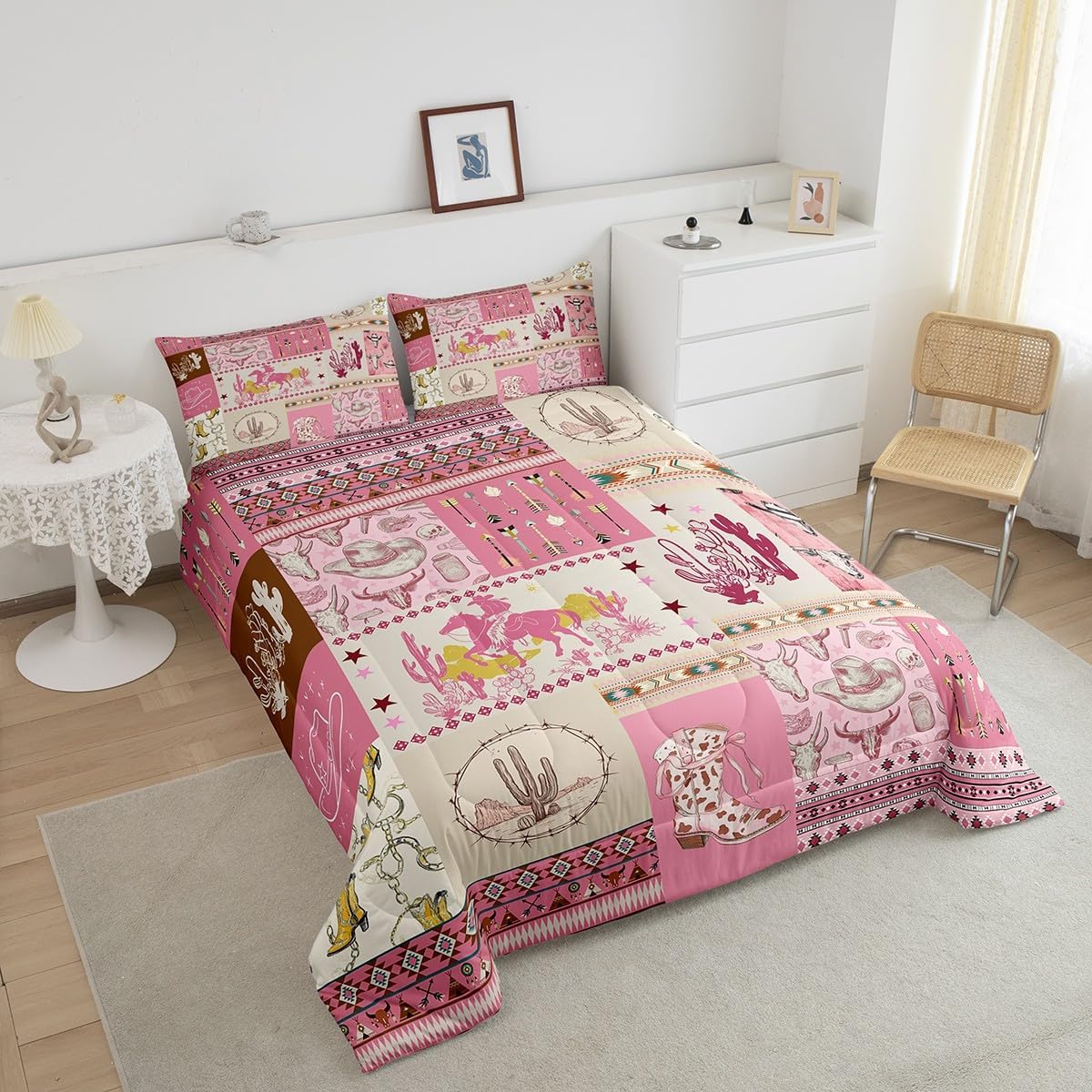 Erosebridal Western Decor Comforter Set Cowgirl Western Cow Print Boots Bedding Comforter Sets, Bull Head Aztec Arrow Style Queen Size Bedding Cactus Wild Desert Duvet Insert Girls Pink Room Decor