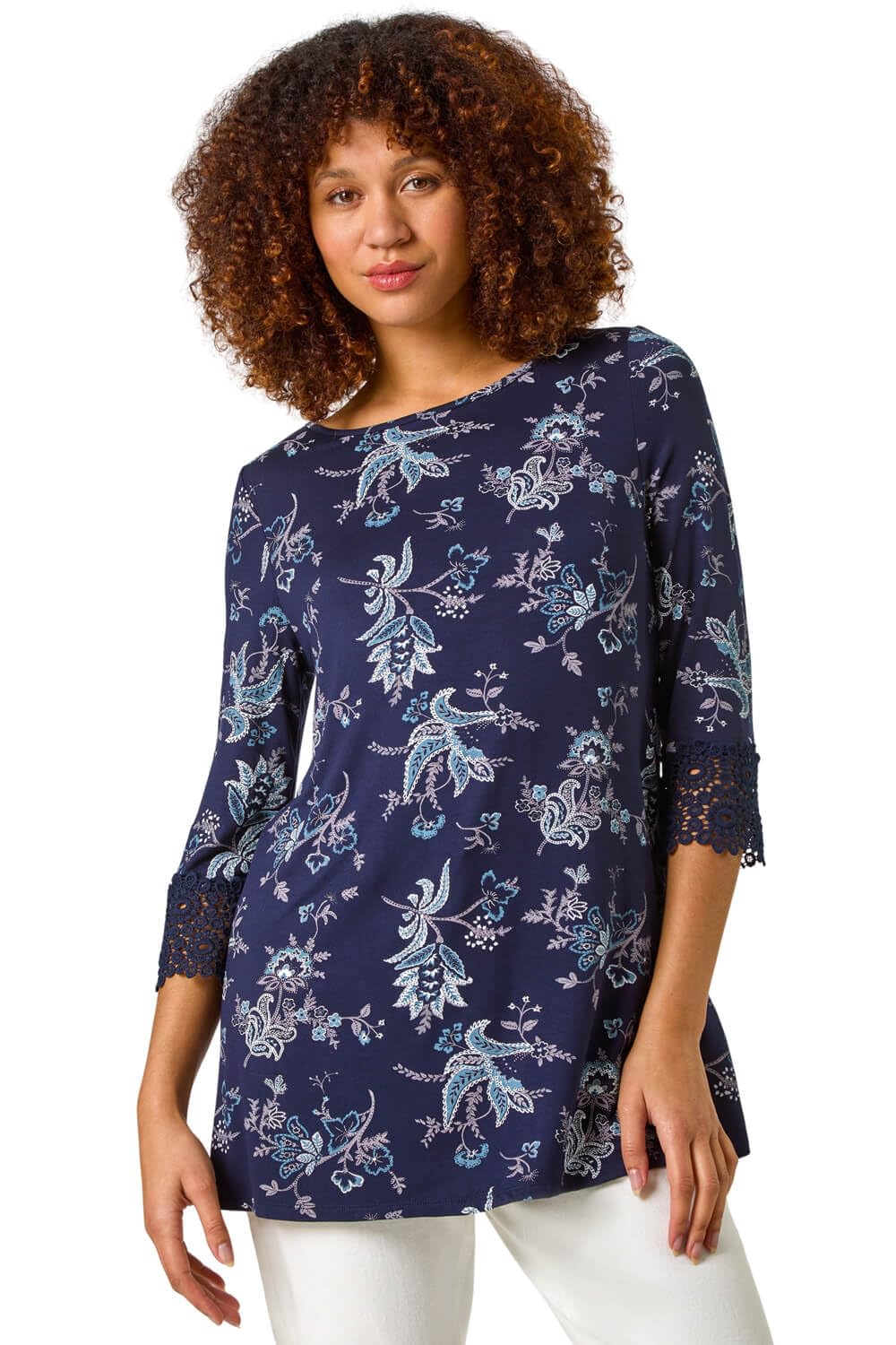 Roman Women's Navy Floral Lace Cuff Stretch Top In Size 18