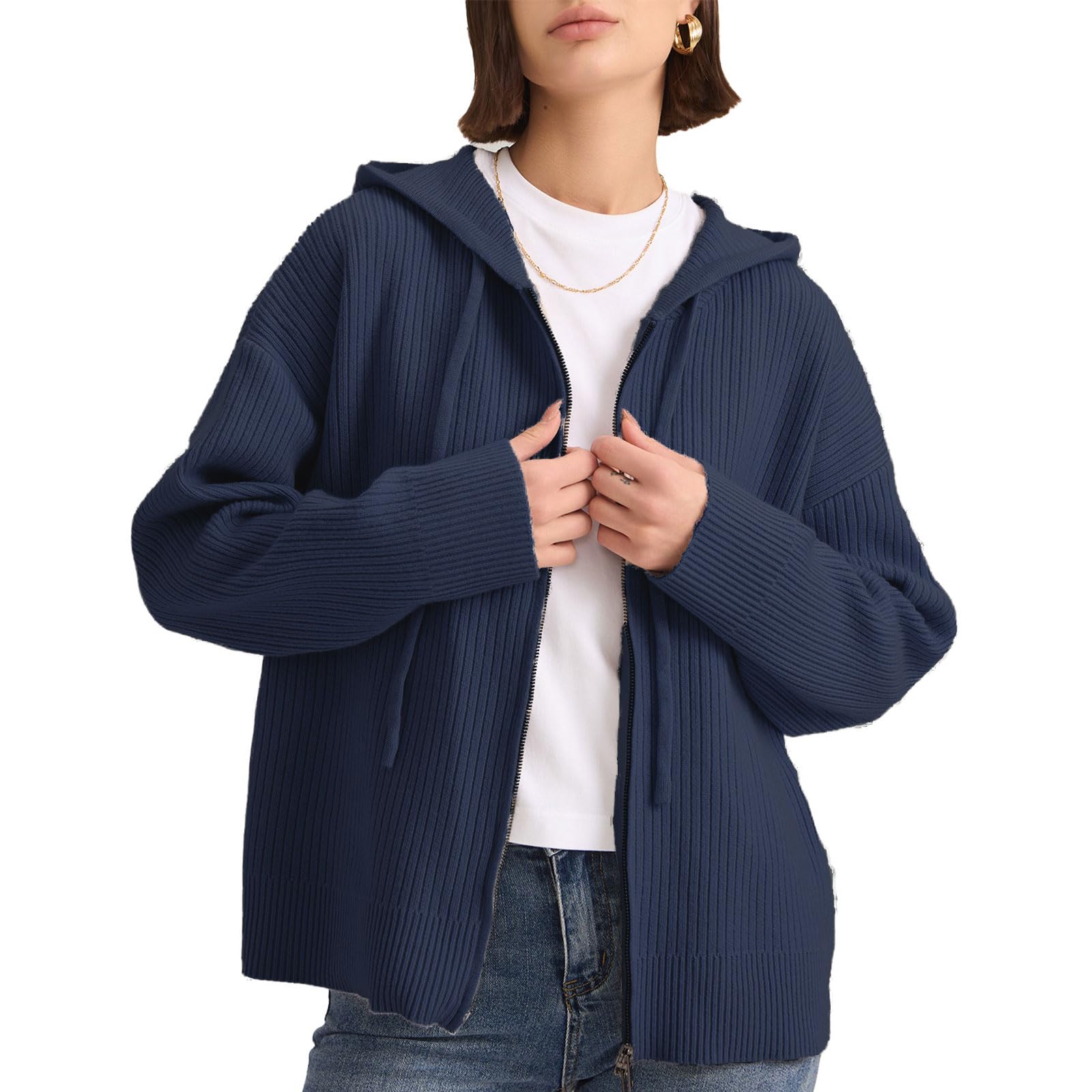 Cardigan Sweaters for Women with Zip Up Hoodie Long Sleeve Drawstring Chunky and Oversized Cardigan
