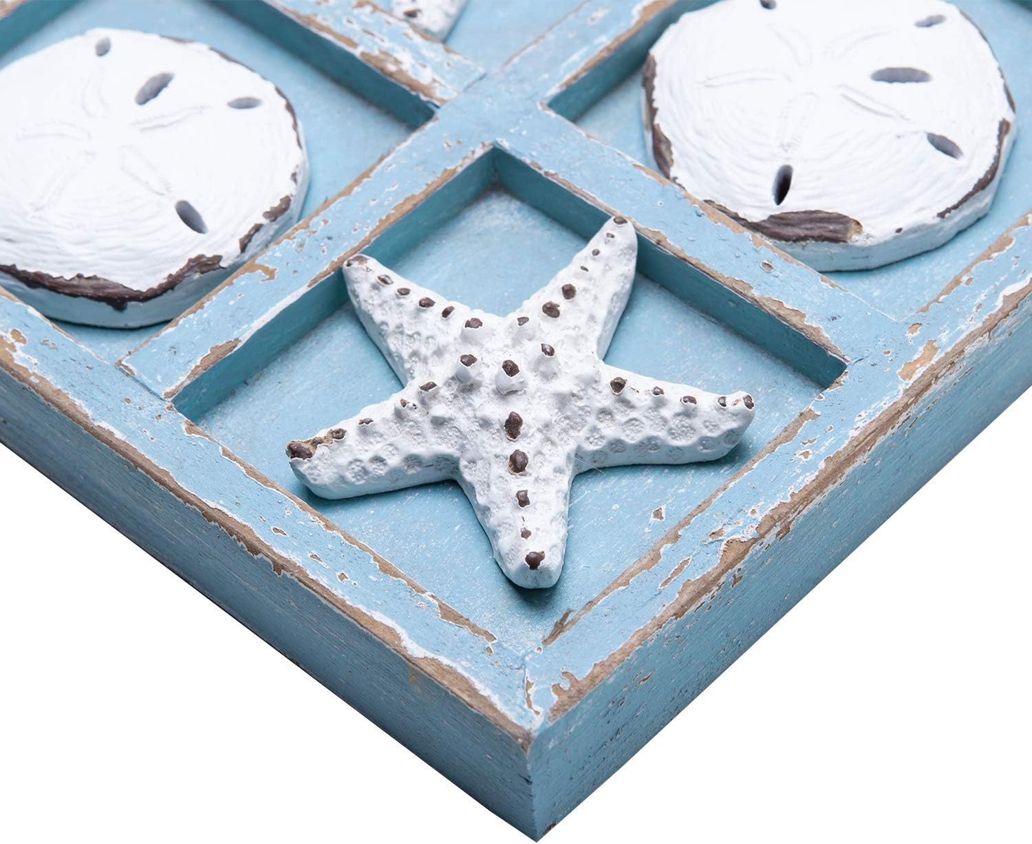 NIKKY HOME Beach Decor Tic Tac Toe Wood Board Travel Game for Family Starfish Sand Dollar Coastal House Coffee Tables Decor, 8.98 by 8.98-in Rustic Blue