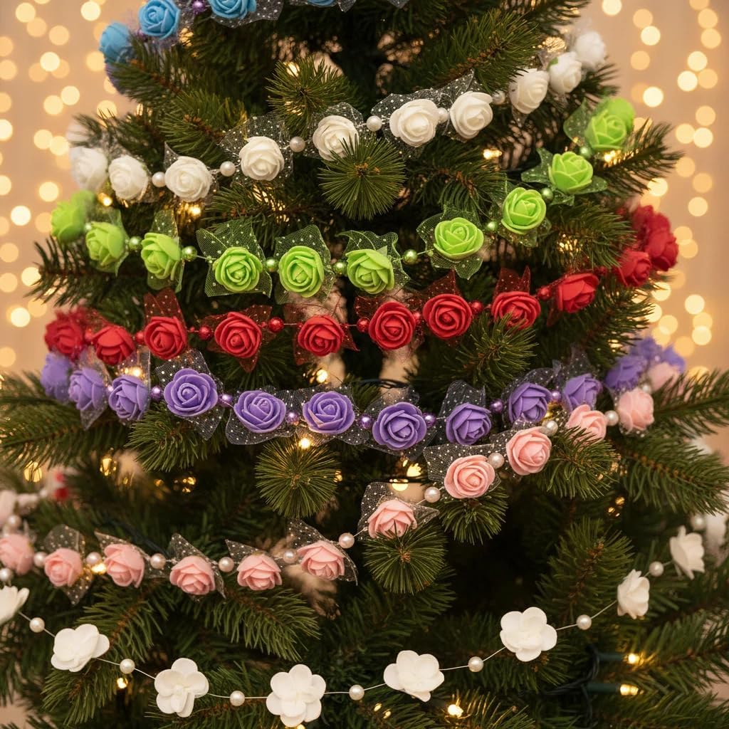 4PCS Rose Pearl Garland, Pearl Spool String of Pearls Rose Ribbon String Chain Decorative Artificial Flower for Wedding, Party, Christmas Flower Tree and DIY Decoration (8m/26 ft) (Multicolor A) image 5