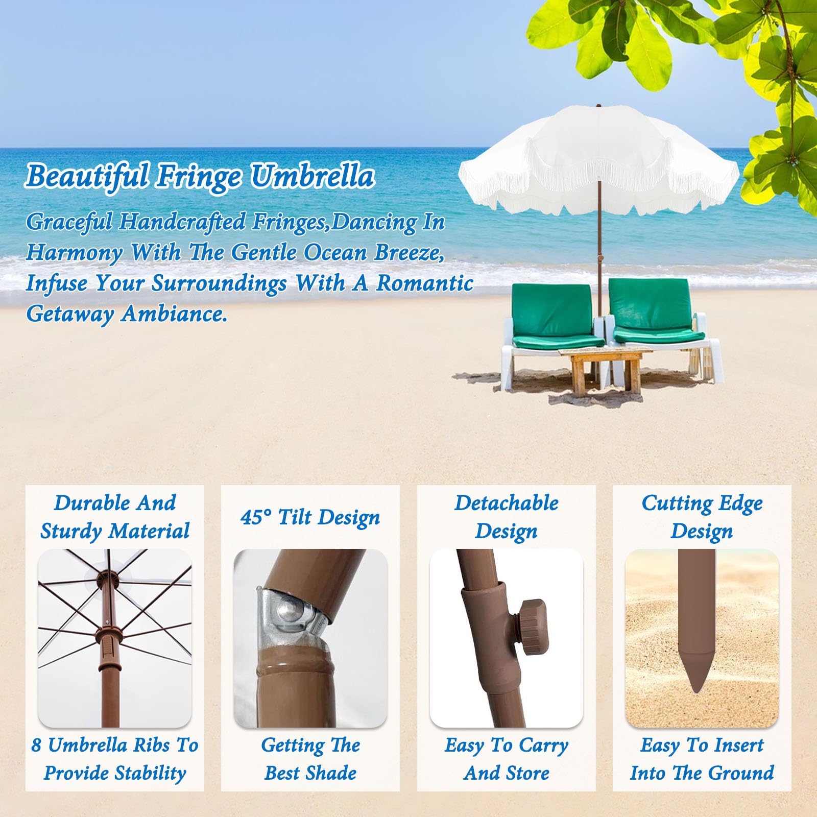 ELZEM 180cm Sombrilla Playa Antiviento Blanco Parasol Jardin Protección UV50+ Sombrilla Terraza Con Flecos Parasol Terraza Inclinable Para Terraza Jardin Piscina/Bolsa De Transporte 8 Varillas
