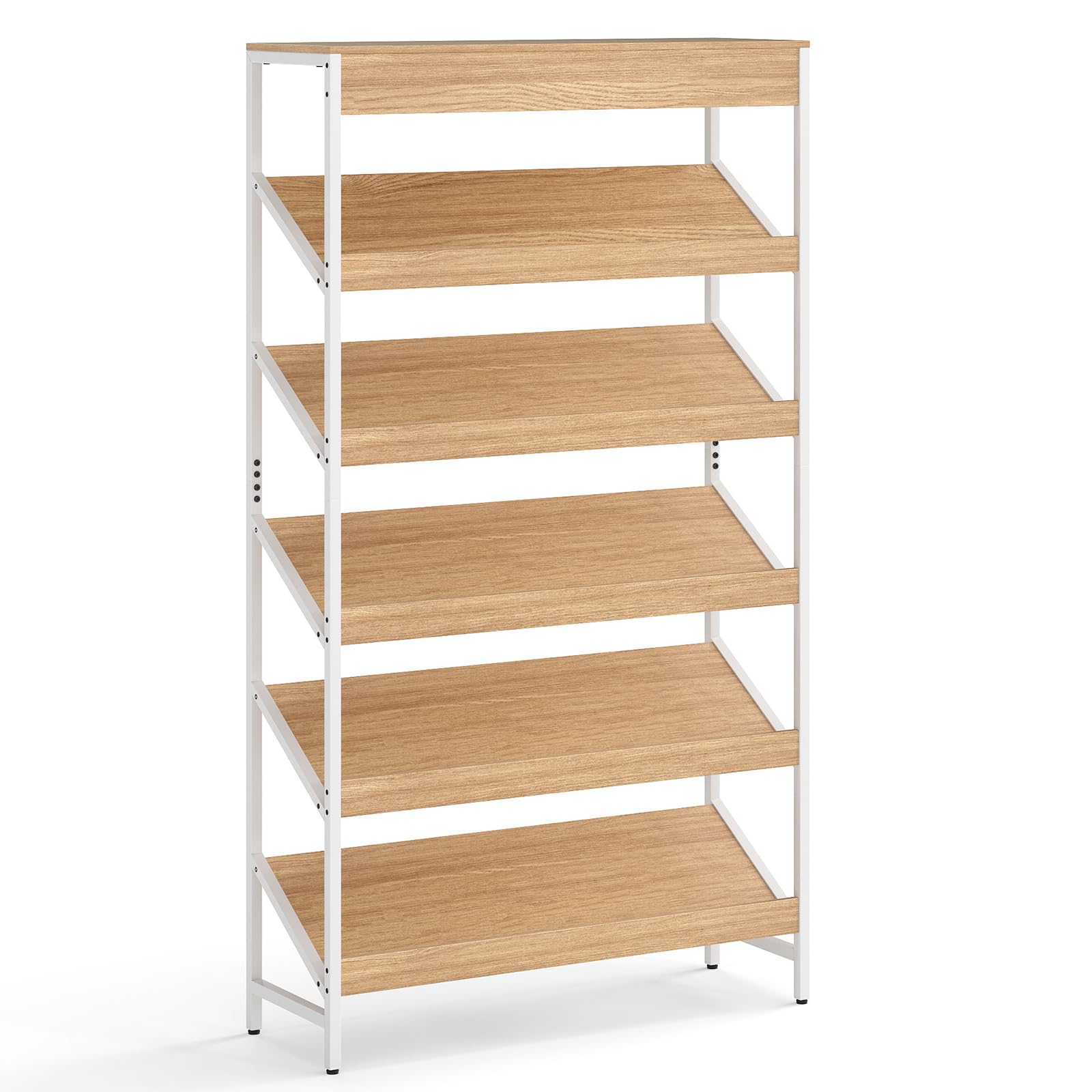 GIANTEX Bibliothèque à 6 niveaux, étagère de livres avec étagères inclinées et cadre en métal robuste, 90 x 30 x 161 cm, kits anti-retournement, étagère de rangement pour salon, chambre (naturel)