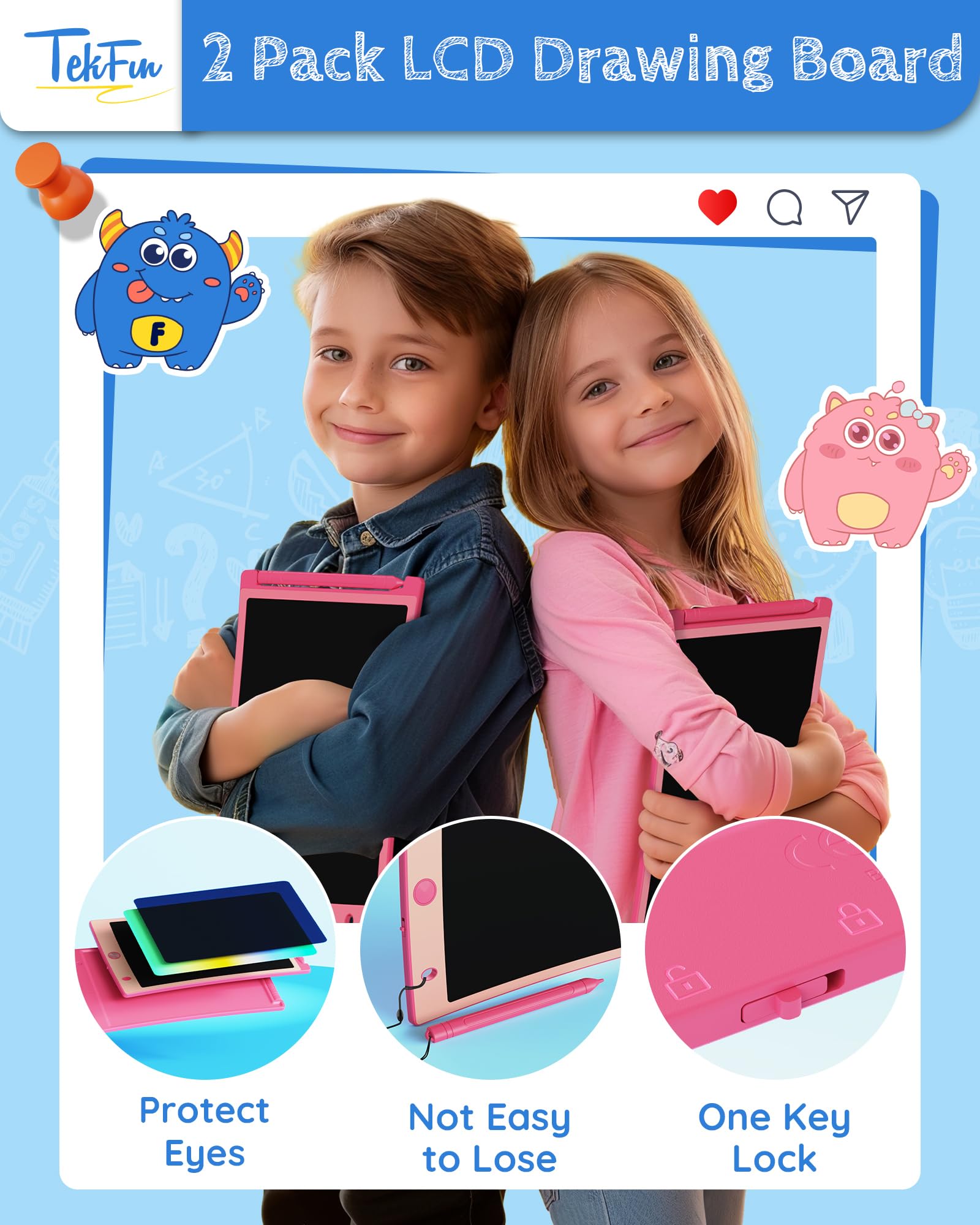 TEKFUN 2Pack 10 Pollici Tavoletta Grafica Bambini, Tavoletta da Scrittura LCD, Lavagna per Bambini Giocattolo 3 4 5 6 7 anni Bambini Regali di Compleanno e Natale per Ragazzi e Ragazze (2*Rosa)