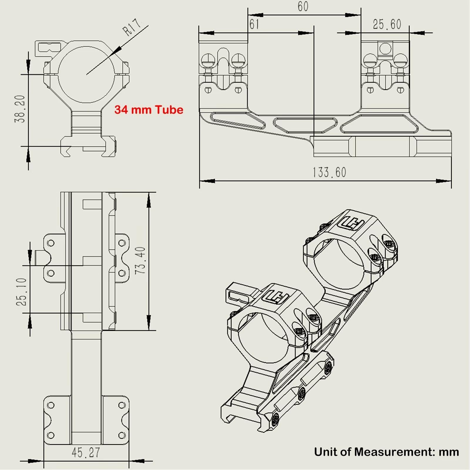WestHunter Optics - Montage picatinny de précision pour lunette de visée - Diamètre du tube : 30 mm/34 mm - Double anneaux décalés - Montage facile d'une seule pièce - Libellule - Modèle de base
