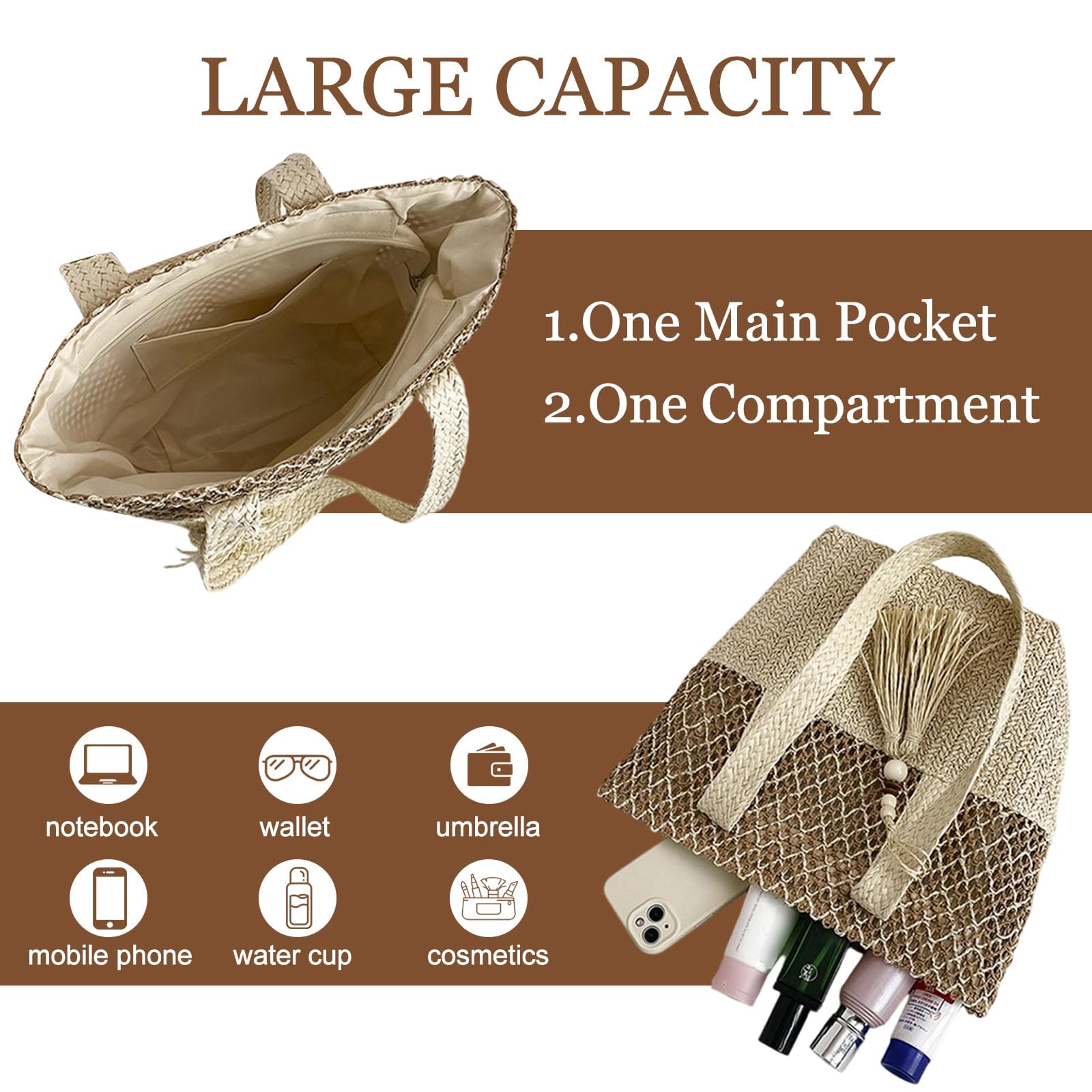 Borsa di Paglia Donna, Borsa Estiva Donna Paglia, Borsas a Tracolla a Maglia per l'Estate, Borsas da Spiaggia per Vacanze Boho, Borse da Mare per Viaggi in Spiaggia & Shopping Tutti Giorni