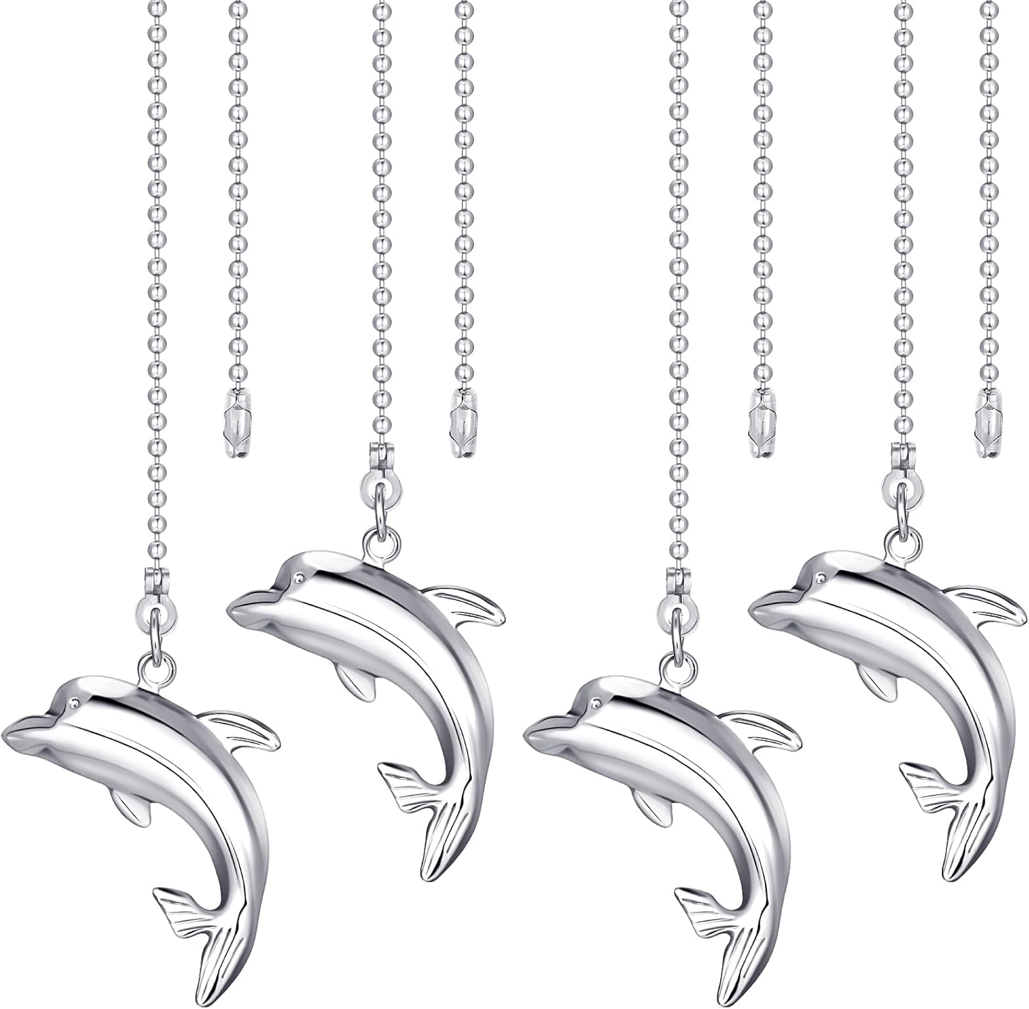 Inbagi 4 Pieces Dolphin Ceiling Fan Pull Chain Extender Silver Decorative Metal Coastal Fan and Lights Pull Chain Ornaments with Connector