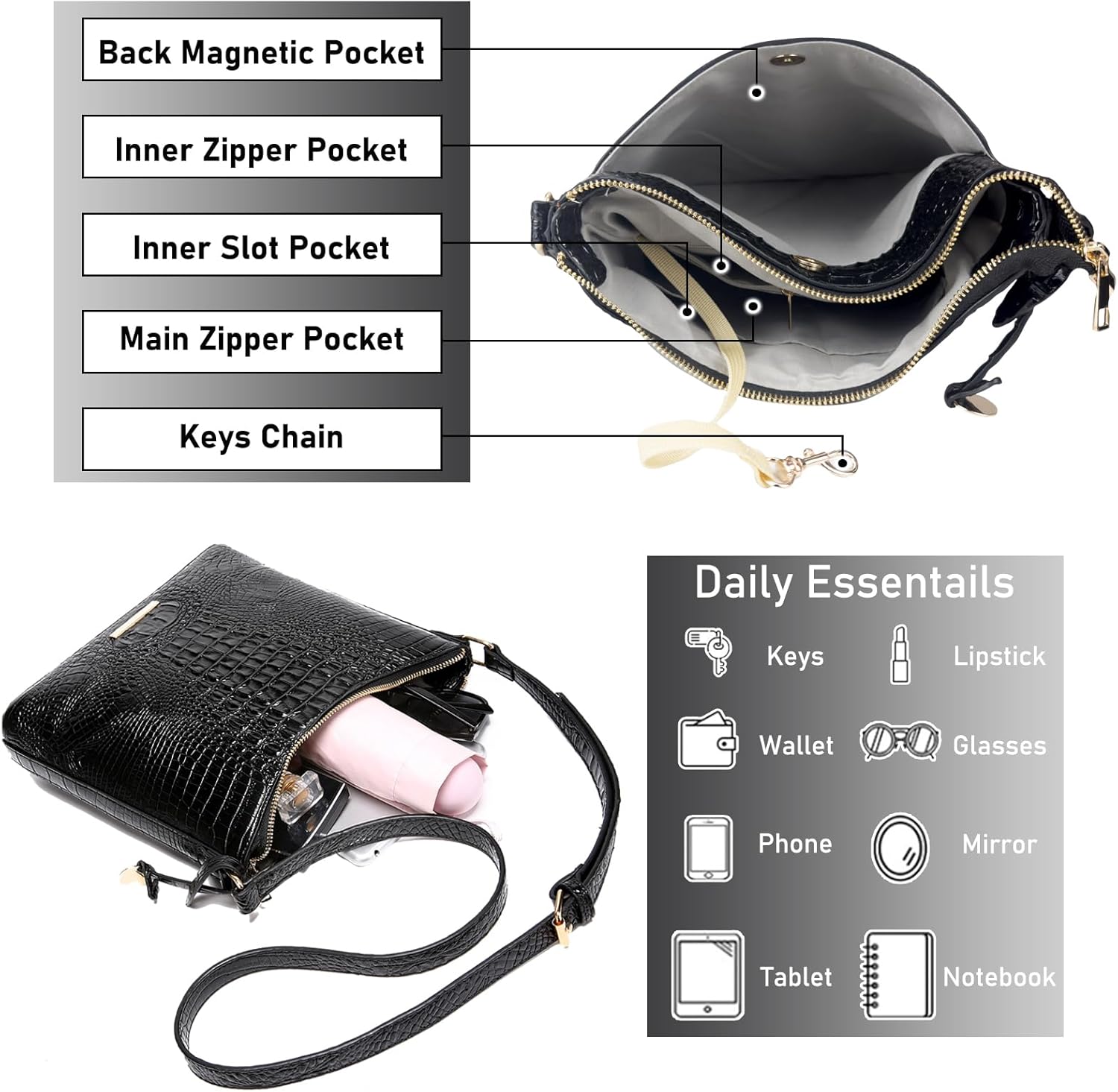 Shoulder Crocodile Flat Handbags for Women trendy Ladies Shoulder Bag Embossed Pattern Leather Crossbody Purse - Image 5