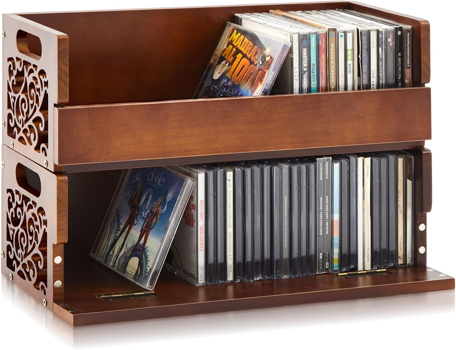2 Set Wooden Cd Holder, Stackable Cd Storage Rack with Handles, Magnetic Front-opening Design, Compact Media Organizer for Home Office & Living Room, Each Set Holds up to 36 Cases (Brown)