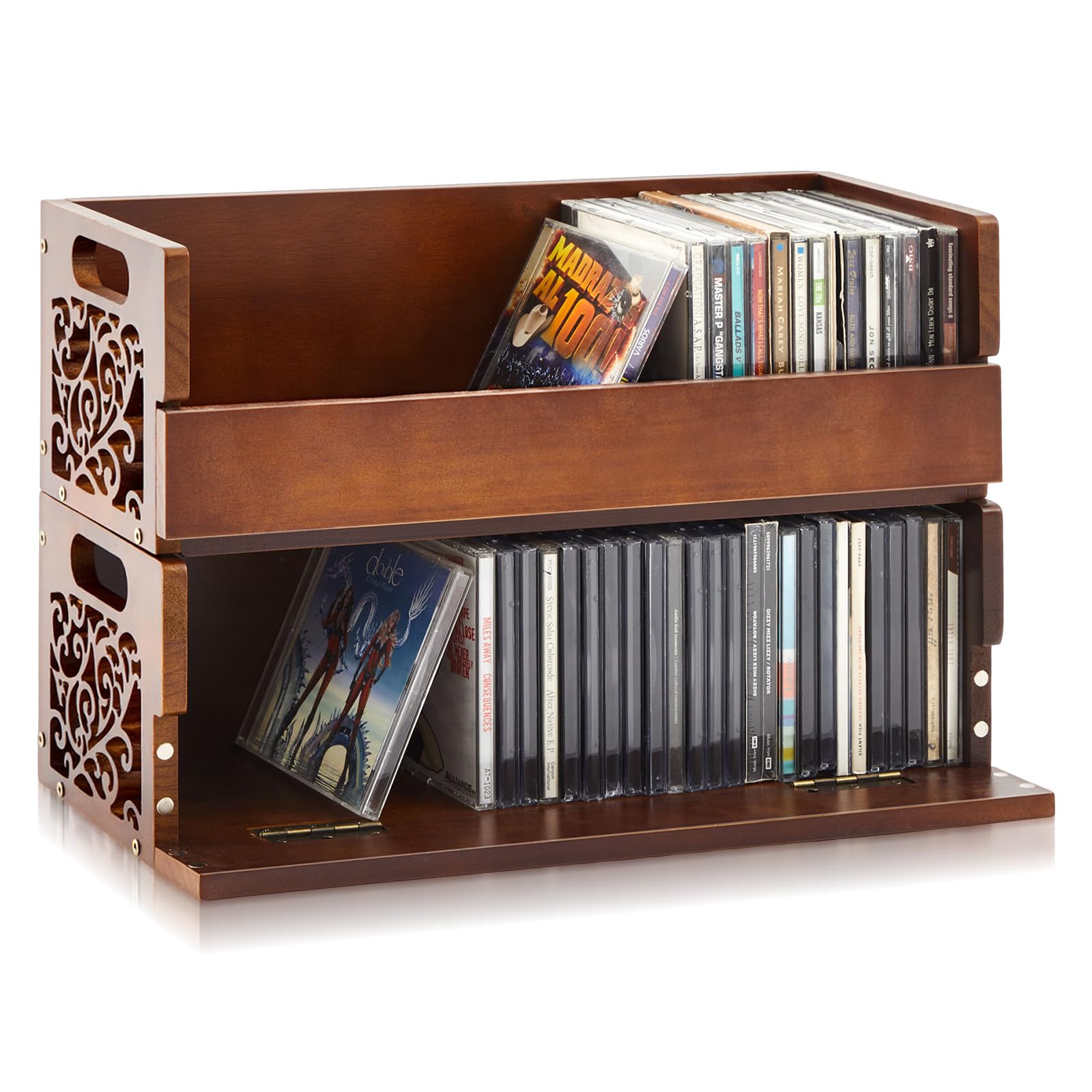 2-Set Wooden CD Holder, Stackable CD Storage Rack with Handles, Magnetic Front-Opening Design,Compact Media Organizer for Home Office & Living Room, Each Set Holds up to 36 Cases