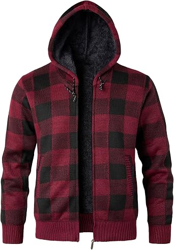Mens Hooded Cardigan Sweater Checkered Fleece Lined Cardigans Long Sleeve Knitwear Sweater