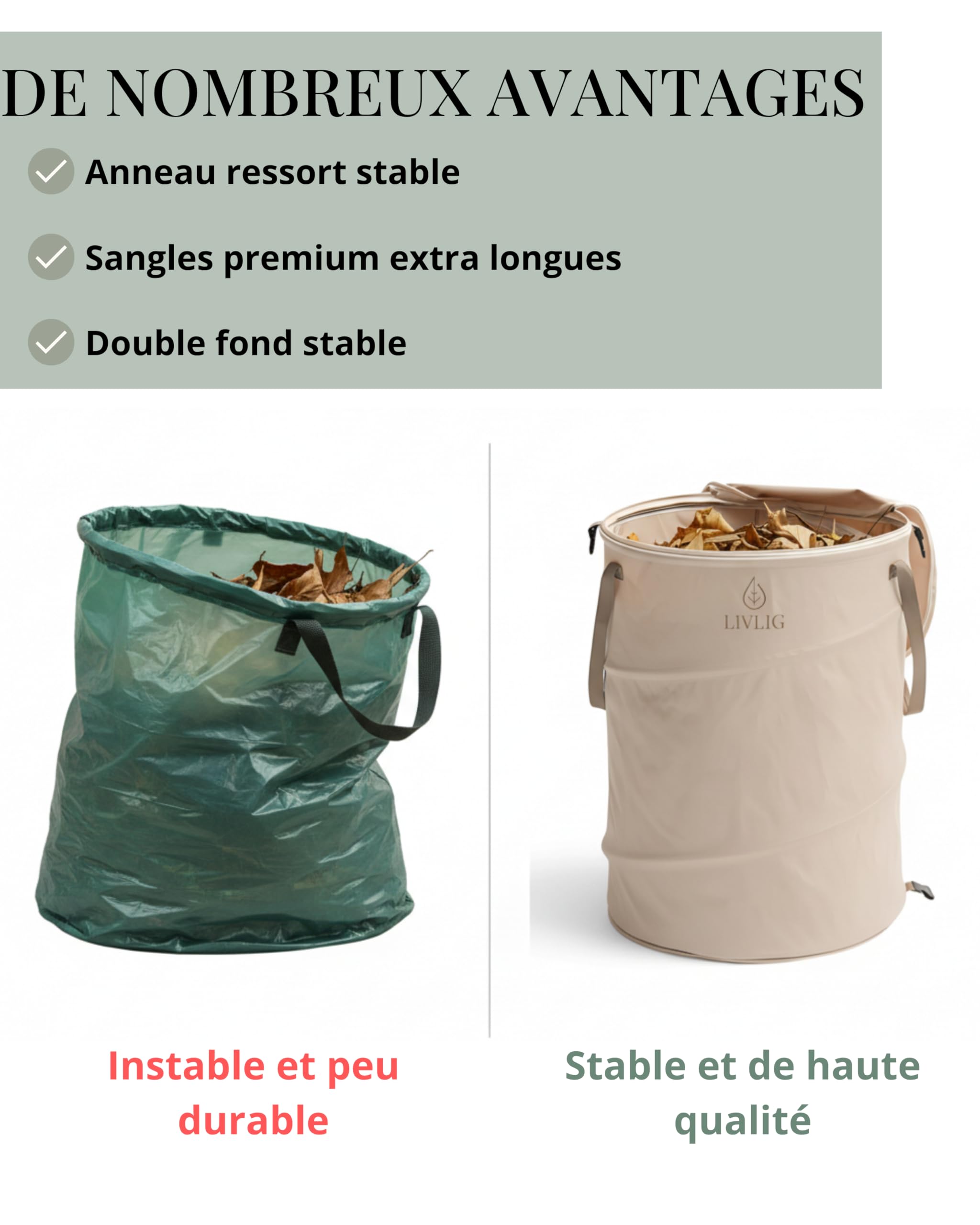 Sac de jardin LIVLIG Pop Up 90L, Sac à déchets de jardin pliable avec couvercle et double fond, Sac à feuilles stable avec couvercle, Sac à feuilles et sac à déchets de jardin Beige, 2 pièces