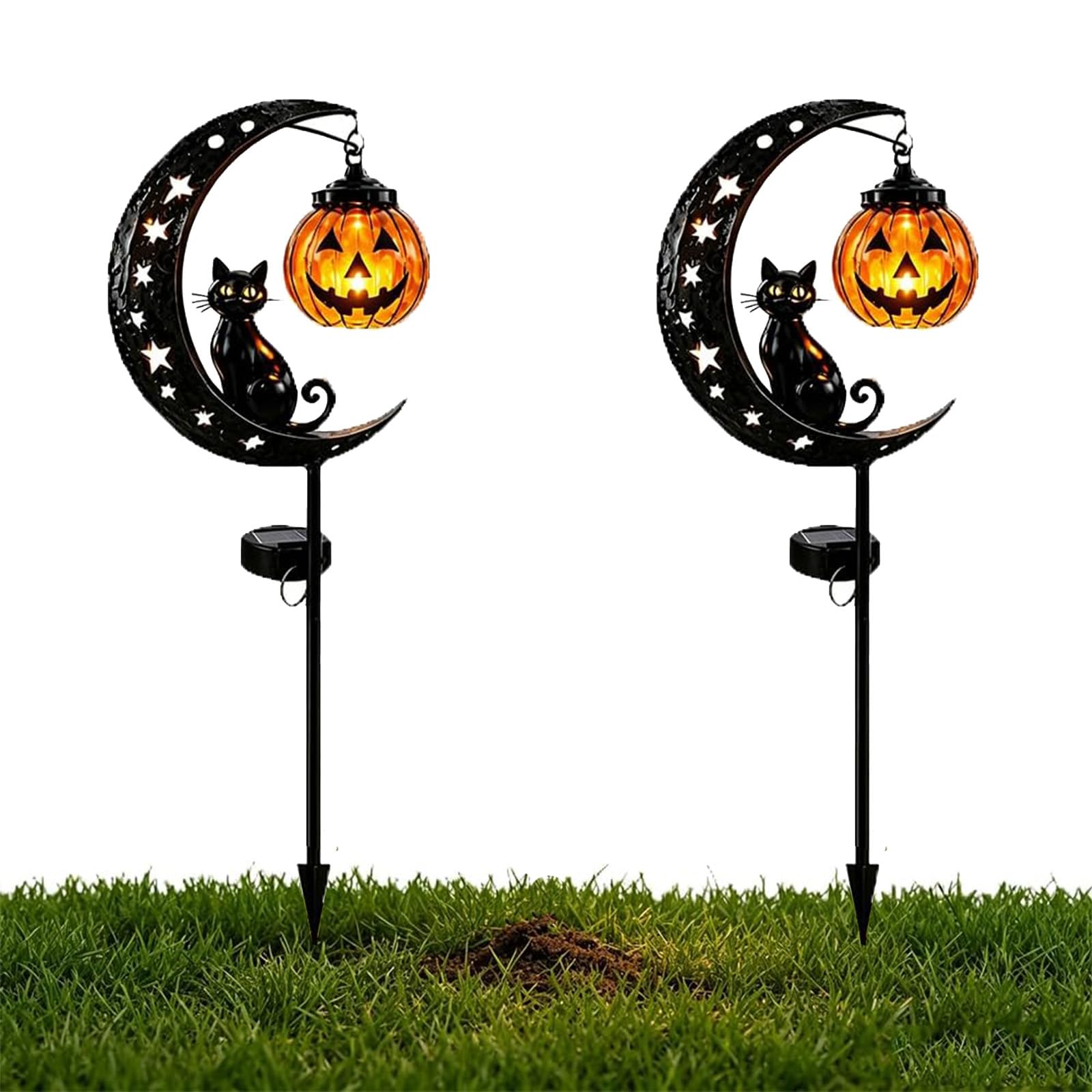 Pealeaf Solar Halloween Black Cat & Pumpkin Moon Garden Stake Light, Outdoor Waterproof LED Yard Decoration with Crescent Moon, Hanging Jack-o'-Lantern Lantern for Garden, Patio, Walkway, Porch (B2)