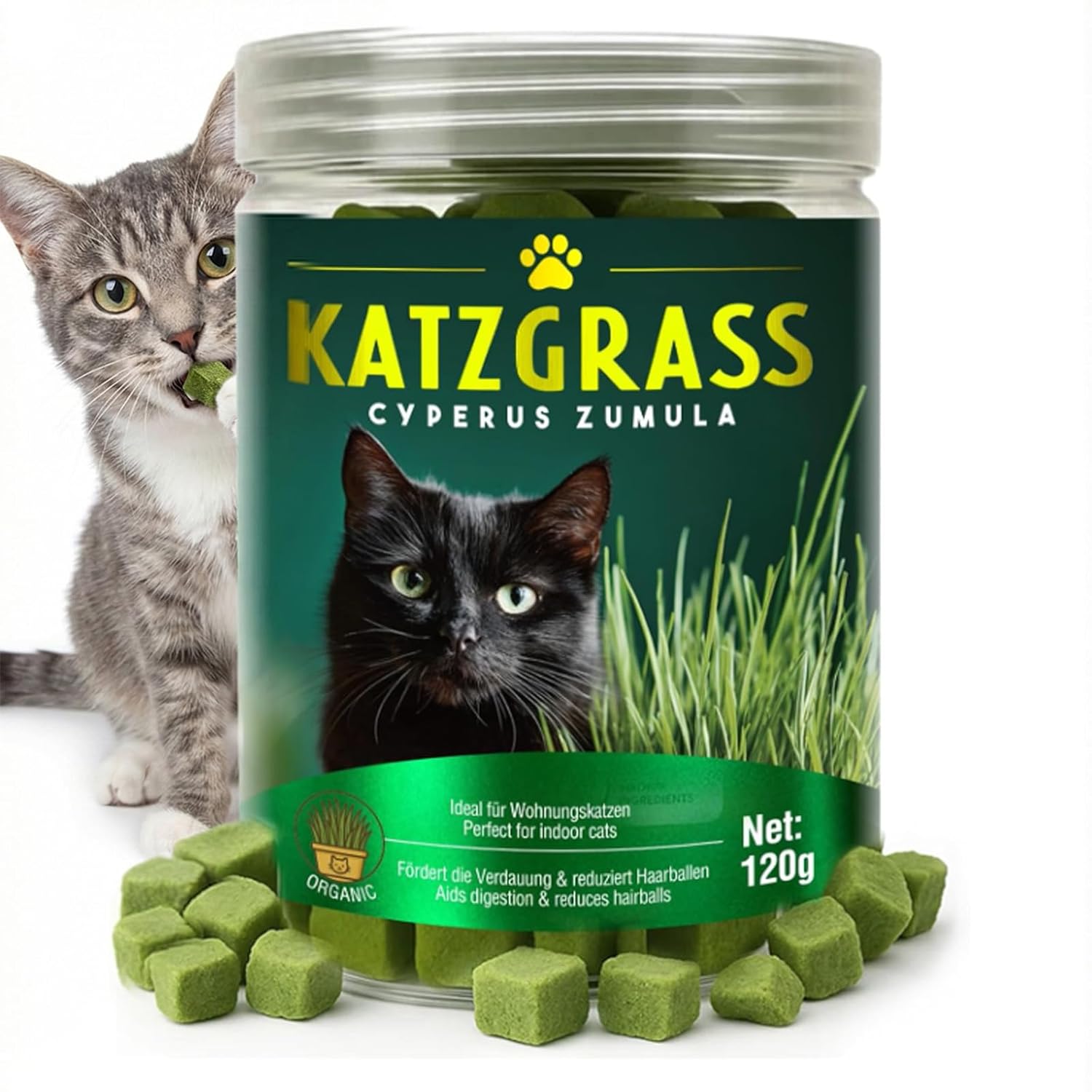 Cat Grass Treats for Indoor Cats, Digestive Health Support with Wheat Grass, Hairball Control Chews, Natural Grain-Free Snack for Kittens