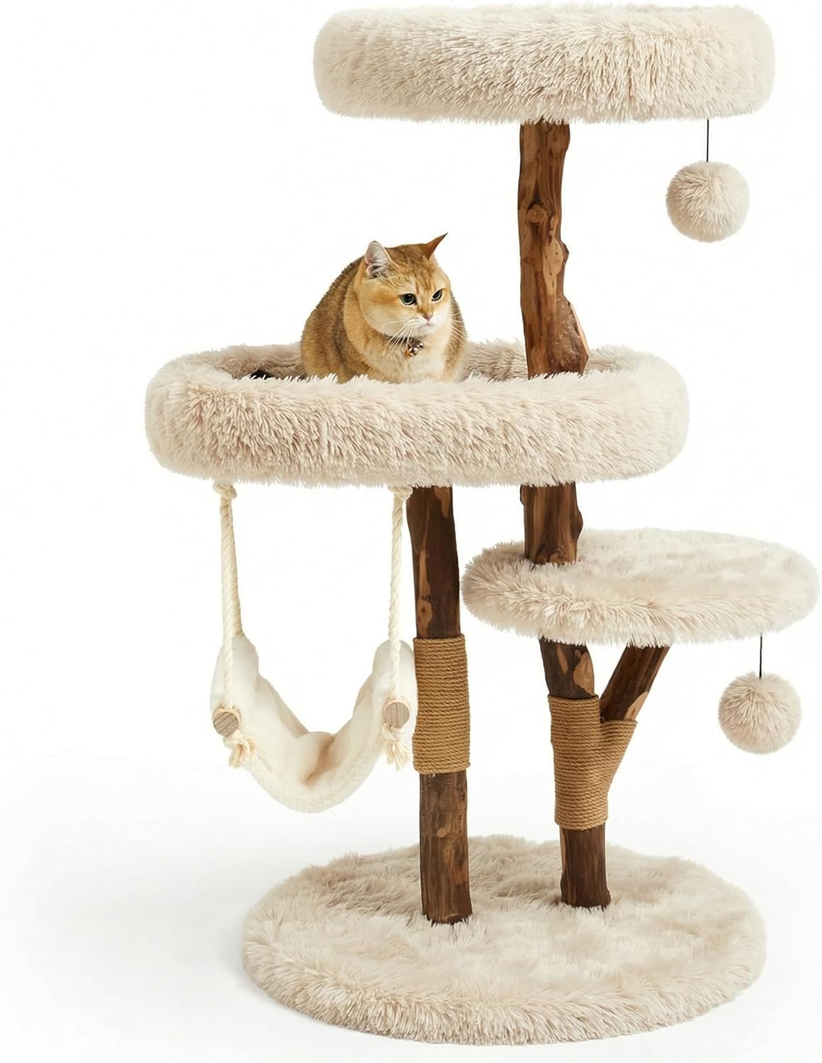 59" Modern Cat Tree Tower for Large Indoor Cats, Perches-Natural Solid Wood Cat Tower with Sisal Scratching Post, Perches, Hammock & PlayBalls, Aesthetic Boho Cat Furniture