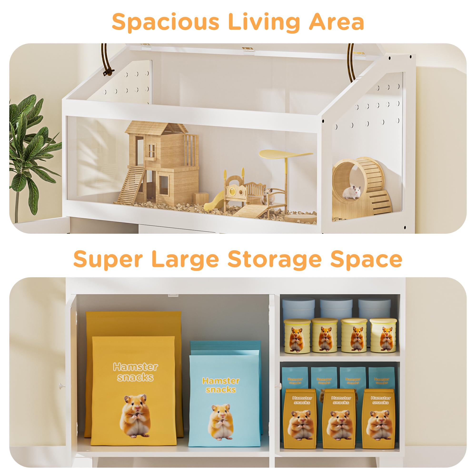Hamster Cage, Large Hamster Cage with Storage Cabinet, Large Habitat with Easy View Acrylic Panels, Wooden Small Animal Cages for Guinea Pigs, Rabbits, Gerbils, Hedgehogs, White