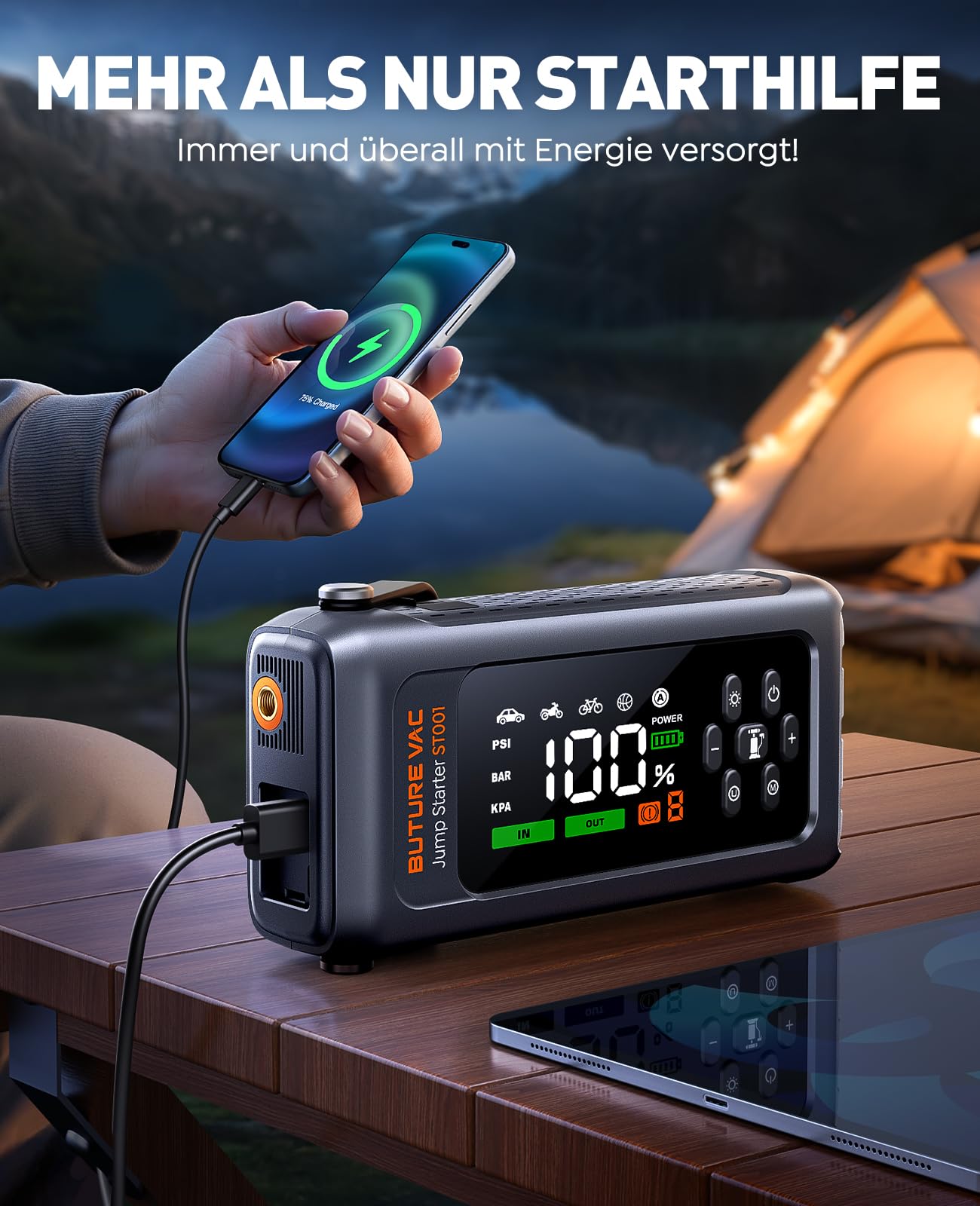 5000A Starthilfe Powerbank mit 150PSI Kompressor, 12V Auto Starthilfe Powerbank für 12 V(Bis zu All Benzin und 9.0L Dieselmotor)，Booster Auto Starthilfe mit Taschenlampe, Zwangsstart, Handschuhe