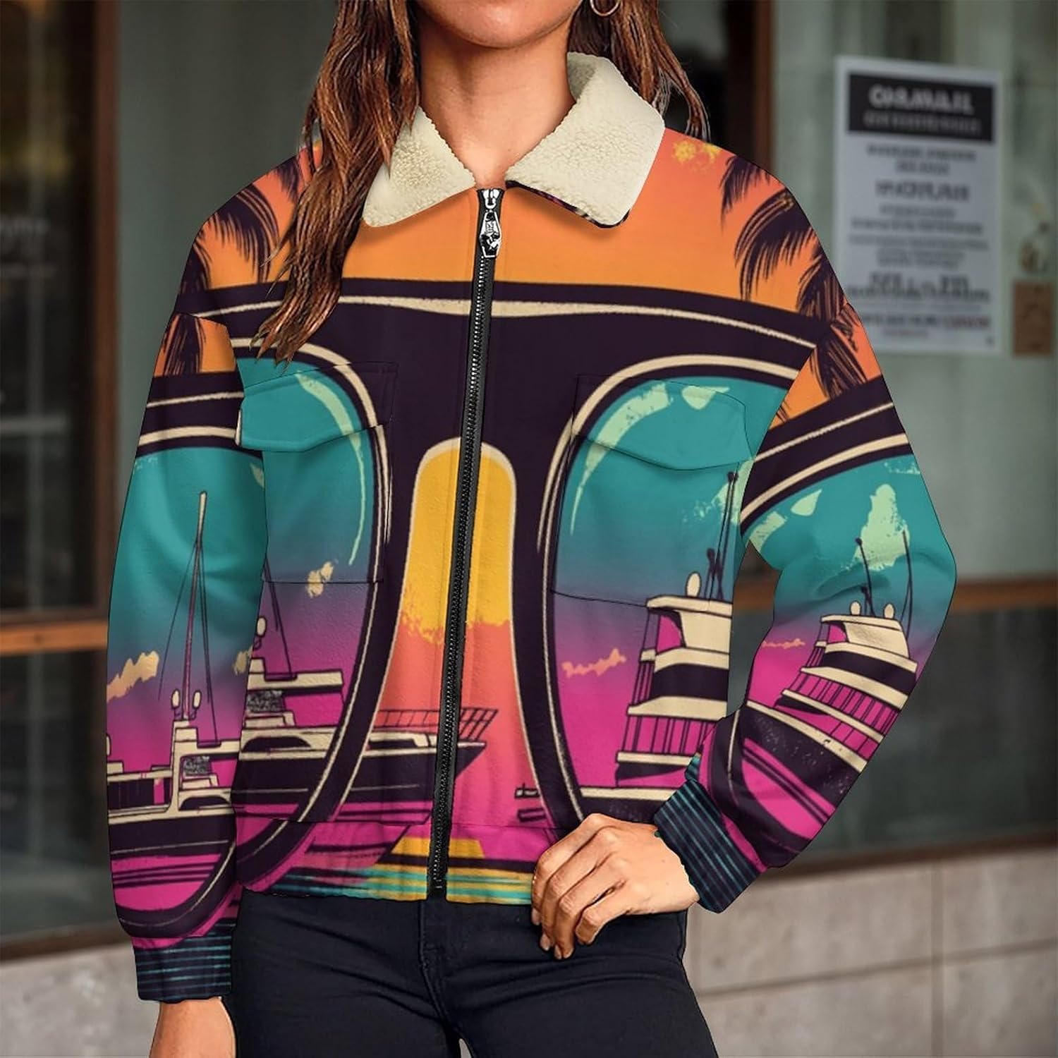 Women's Full Zip Soft Polar Fleece Jacket, sunset palm trees Printed Outdoor Recreation Coat,Long Sleeve Outerwear