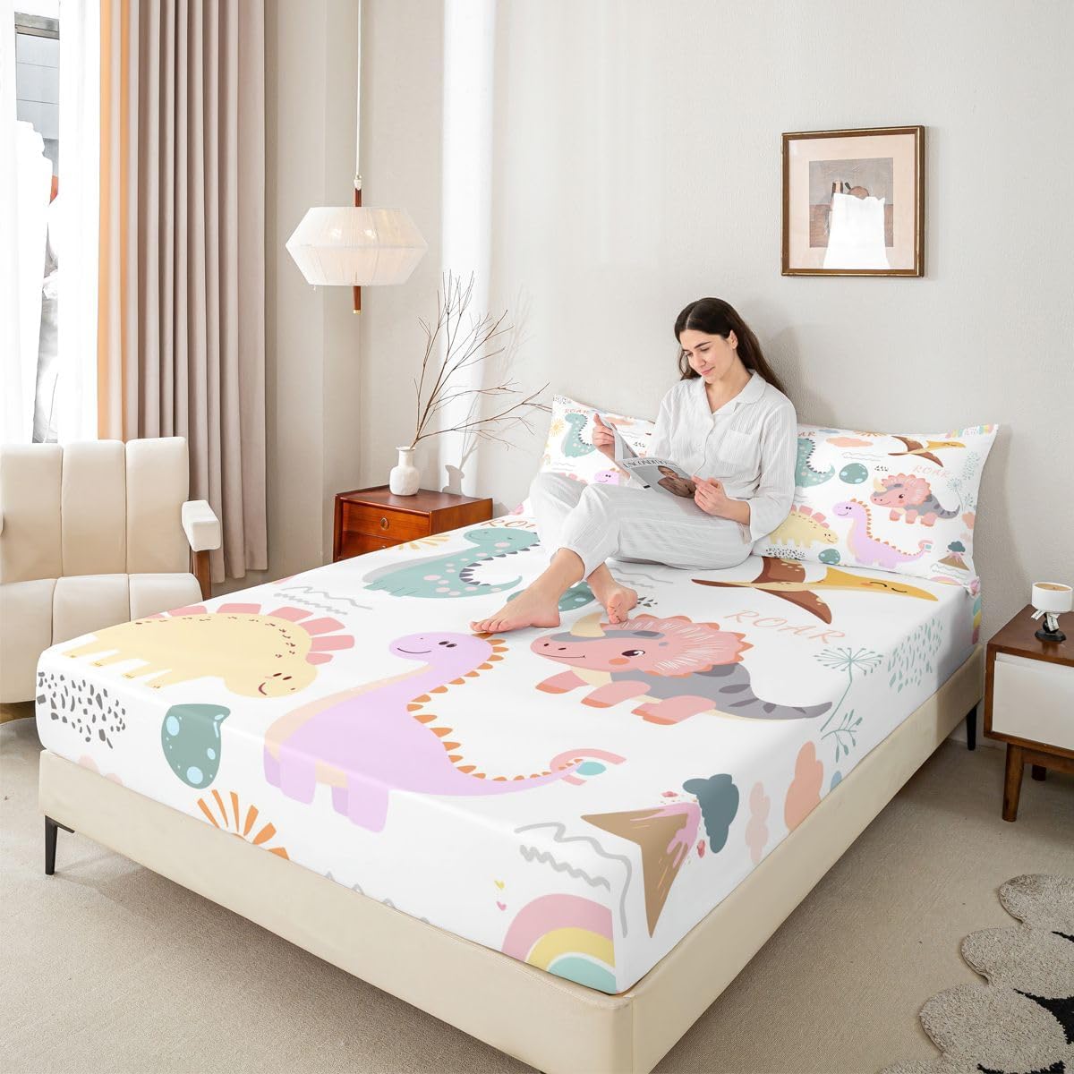 Feelyou Cartoon Dino Sheet Set Full Size, Jungle Dino Bed Sheets Set Dinosaur Sheets with Deep Pocket Fitted Sheet for Kids Toddler Wildlife Bedding Set Microfiber Bed Set