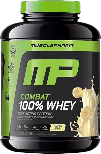 MusclePharm Combat 100% proteína de suero en polvo, sabor a leche de plátano, recuperación rápida y ganancia muscular con aislado de proteína de