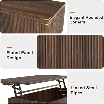 FABATO Mid Century Modern Coffee Table, Wooden Fluted Center Table with Large Hidden Compartment, 41.7 Rectangle with Round Corners, Lift Up Farmhouse Wood Table for Living Room, Home Office, Walnut