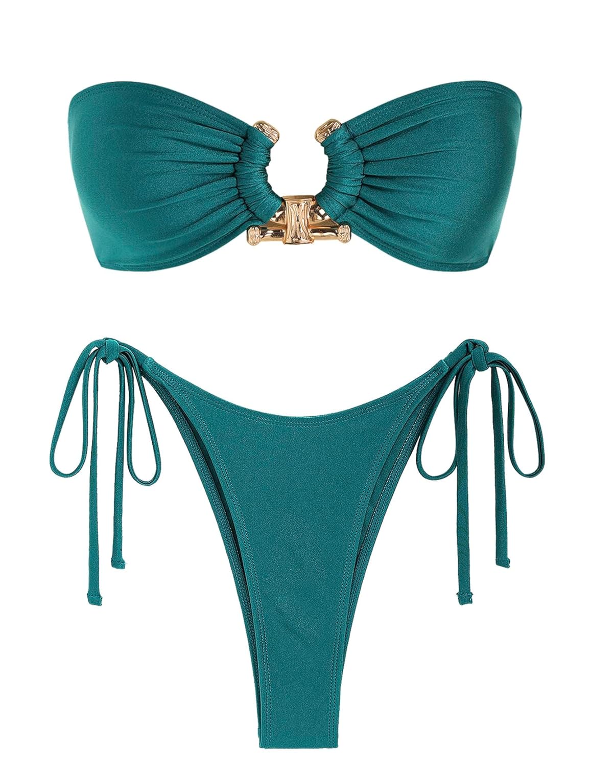 ZAFUL Metal Ring Bandeau Bikini Set Tie Side Bathing Suit High Cut 2 Piece Swimsuit Cutout Swimwear