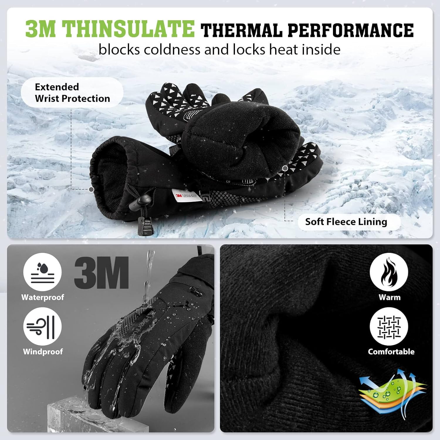 Hikenture Ski Gloves with 3M Thinsulate, Extra Warm Snow Gloves for Men & Women, Insulated Waterproof Snowboard Gloves, Thermal Touchscreen Skiing Gloves for Cold Weather, Windproof Winter Gloves : Clothing, Shoes & Jewelry
