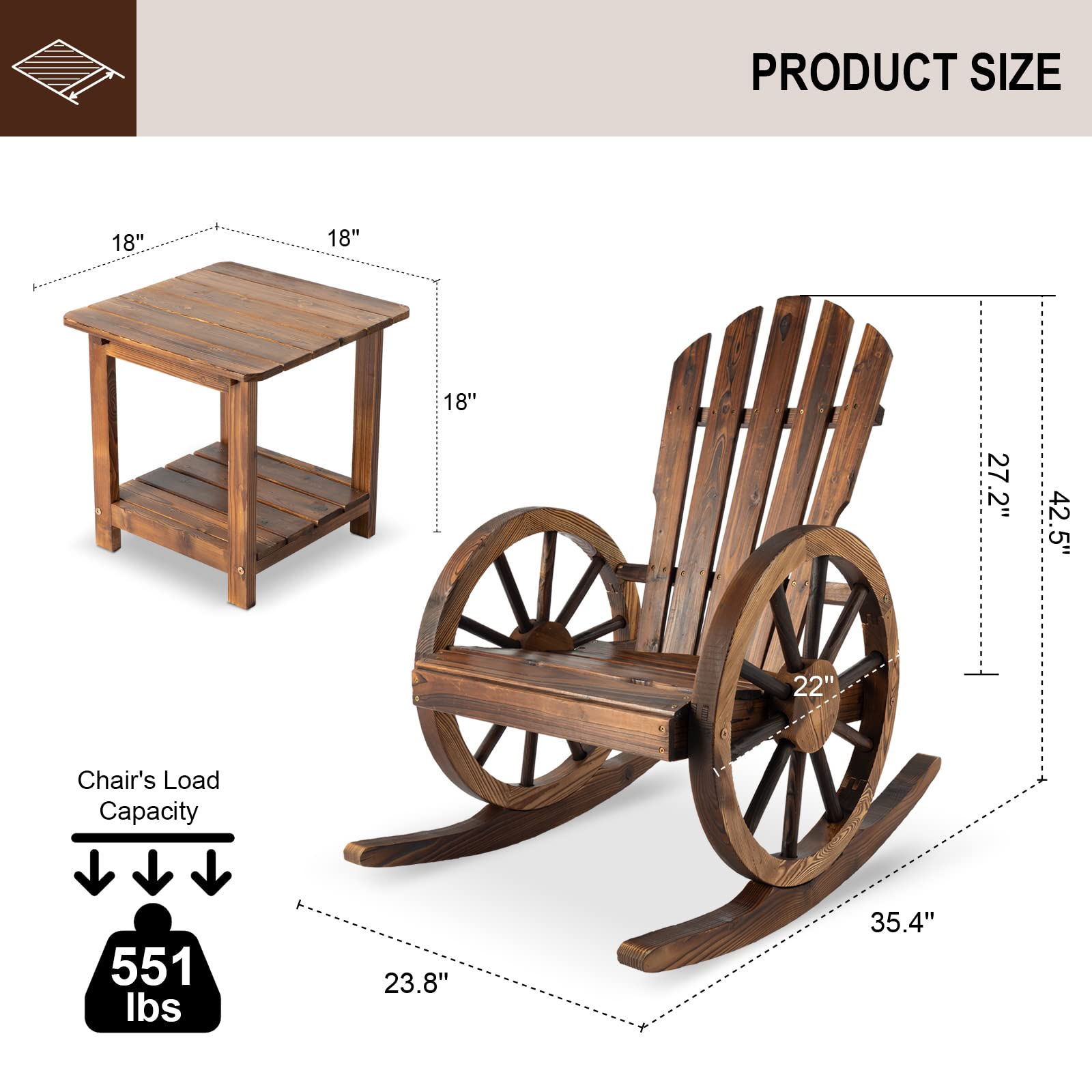Juego de 3 sillas mecedoras de patio, juego de bistró de madera para exteriores con mesa de café, ruedas de vagón, sillas rústicas para jardín, patio de campo