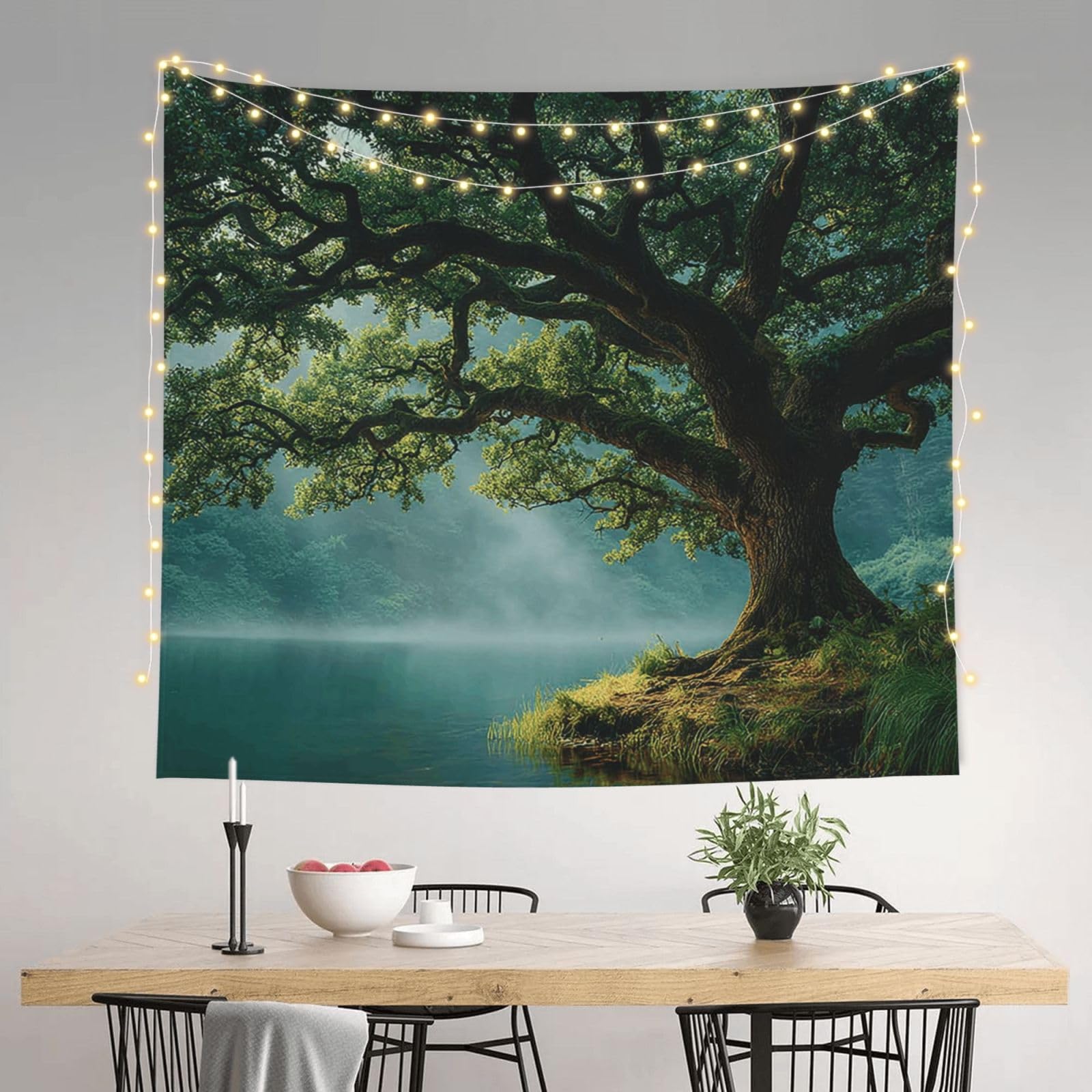 HJKJKKJ Tapestry 152 X 130 CM Aesthetic Wall Tapestrys for Bedroom Green Misty Forest Tree Tapestries Hanging Wall Art Blanket Home Decor Tapestry for Living Room Dorm Office