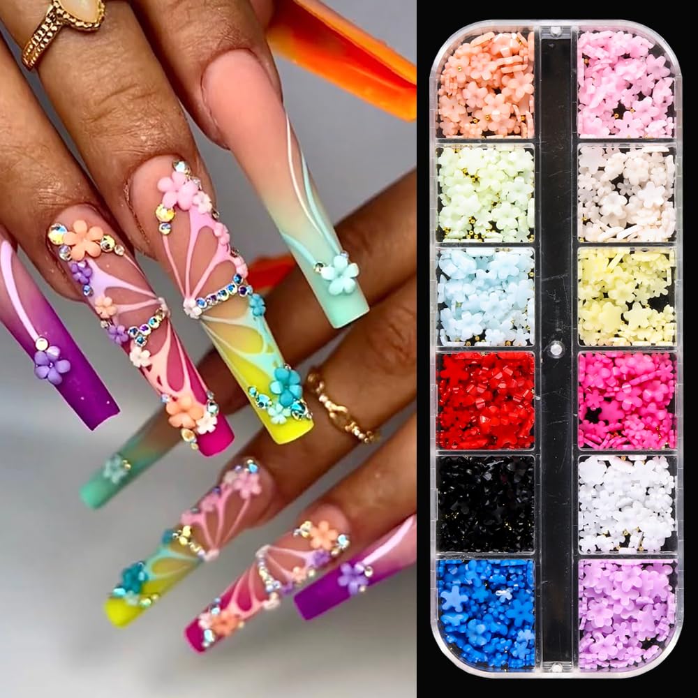 3D Flower Nail Charms, Colorful Acrylic Flower Spring Blossom Petal with Gold Mini Metal Caviar Beads