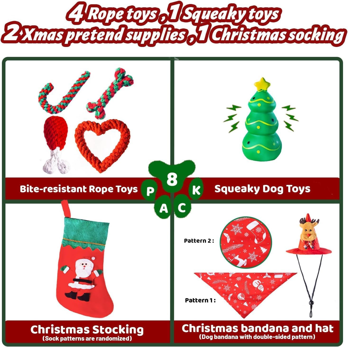 Christmas Dog Toys for Small and Medium Dogs with Hat and Bandana Dog Christmas Stocking with Rope Toys and Squeaker Toys Christmas Puppy Chew Toys for Teething Bulk, 8 Pack